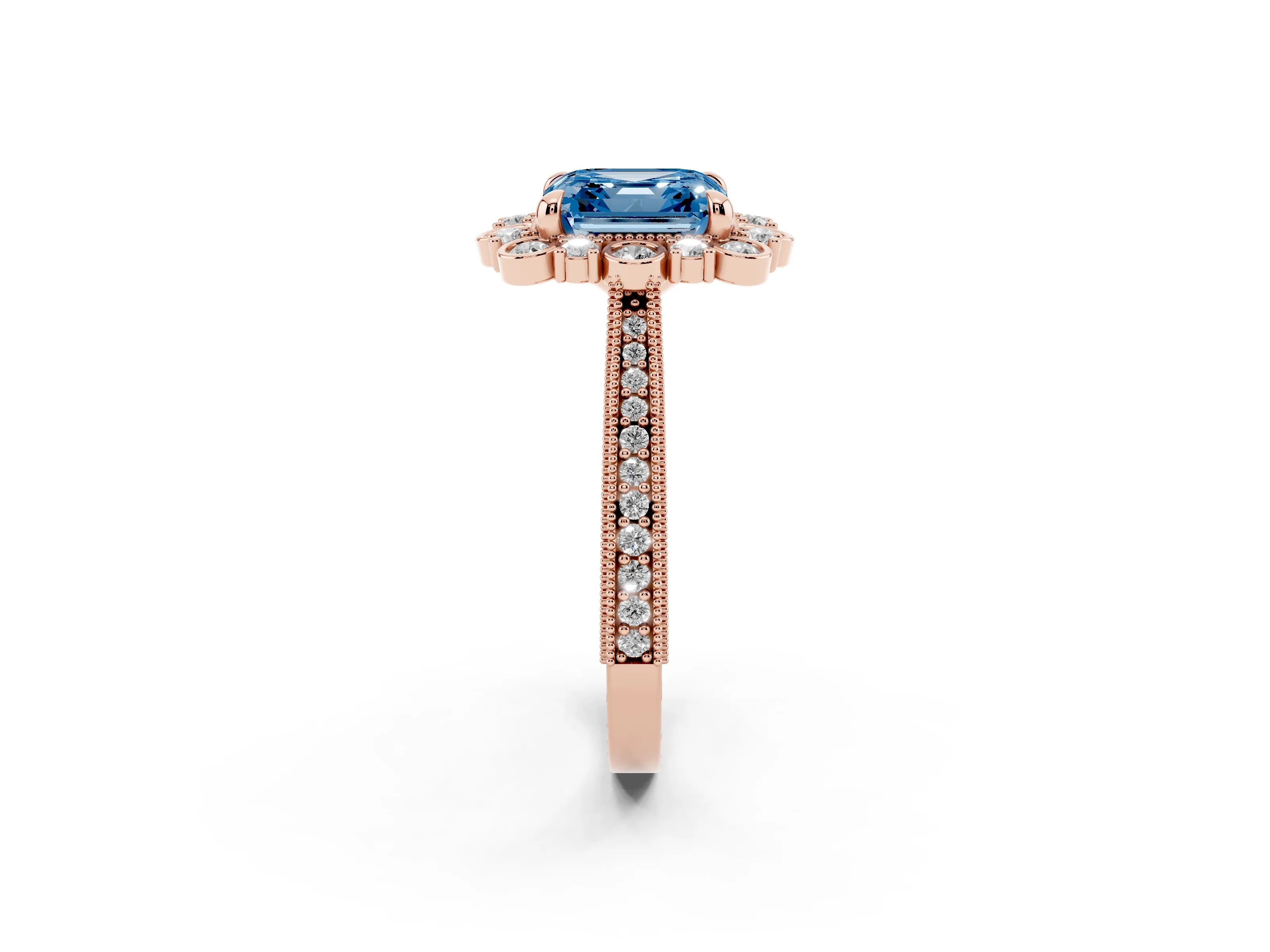 Fancy Blue Asscher Cut Diamond Halo Milgrain Pavé Ring Set in Rose gold with Prong Setting