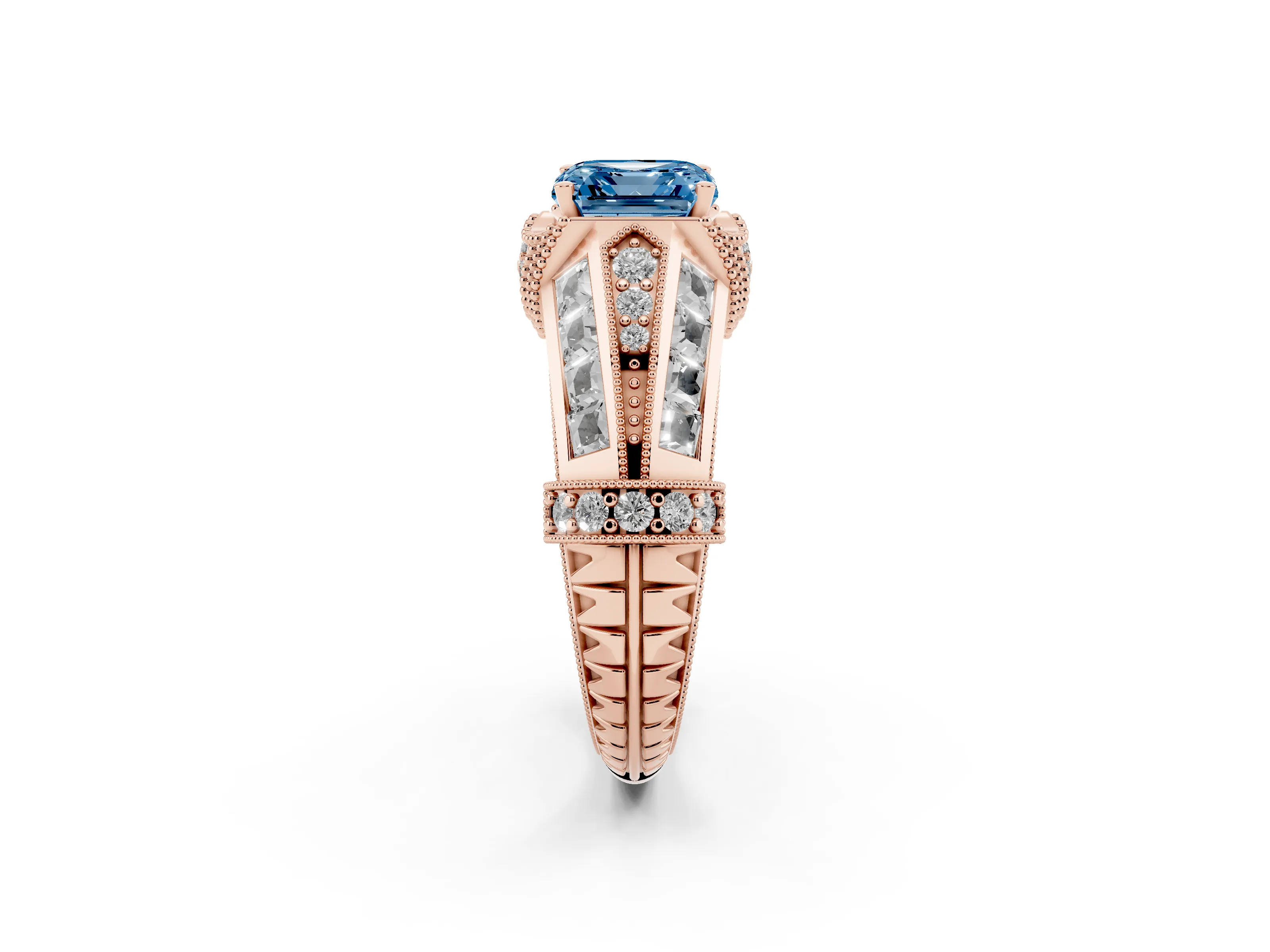 Fancy Blue Asscher Cut Diamond Vintage-Inspired Milgrain Ring Set in Rose gold with Accent Split Shank