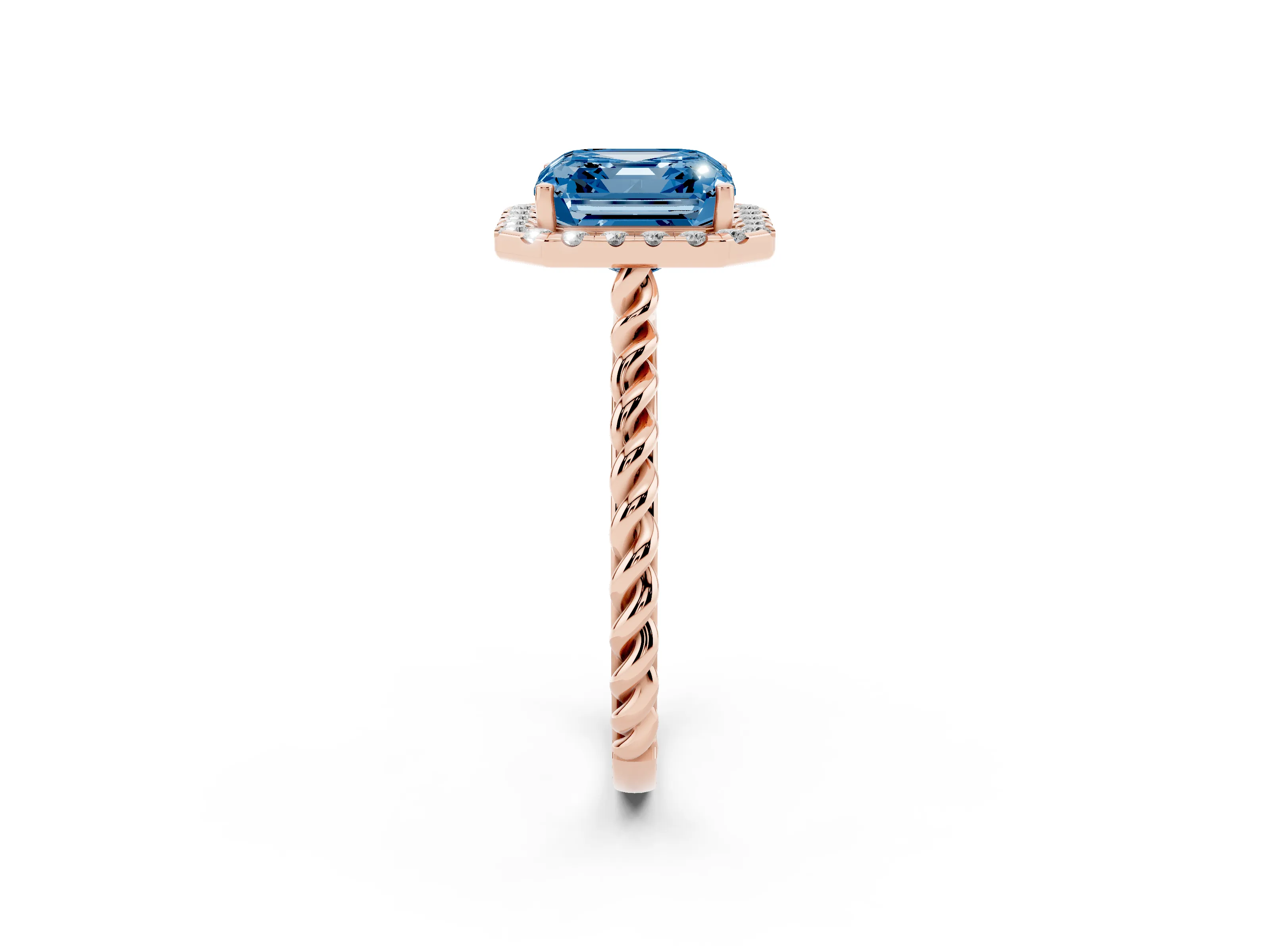 Fancy Blue Asscher Cut Diamond Halo Ring Set in Rose gold with Plain Twisted Band