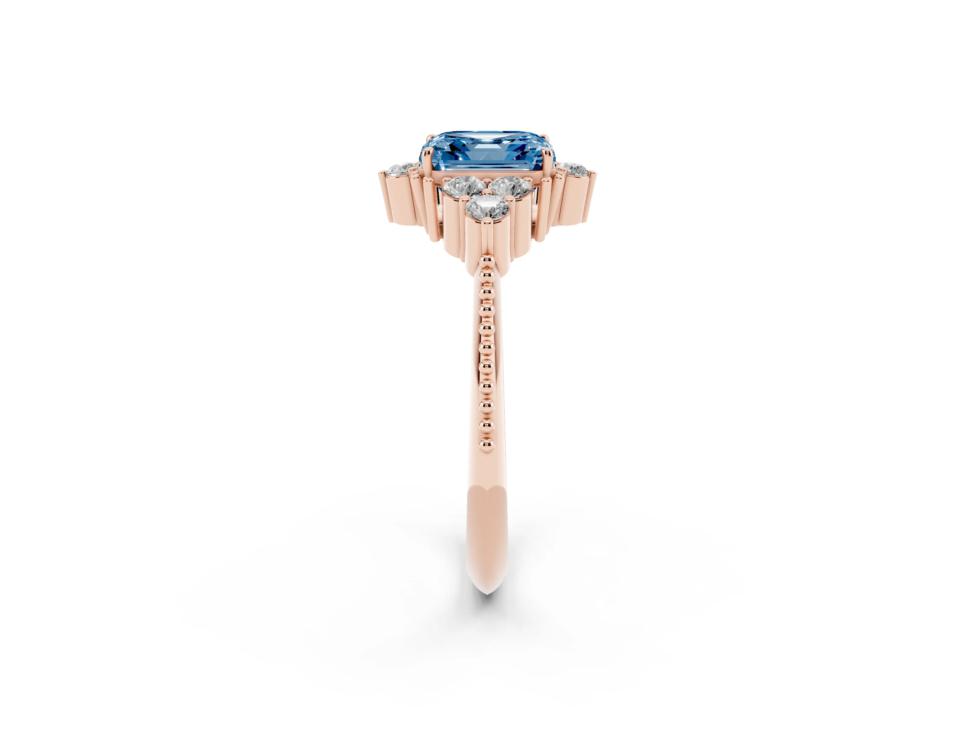 Fancy Blue Asscher Cut Diamond Cluster Ring Set in Rose gold with Beaded Band