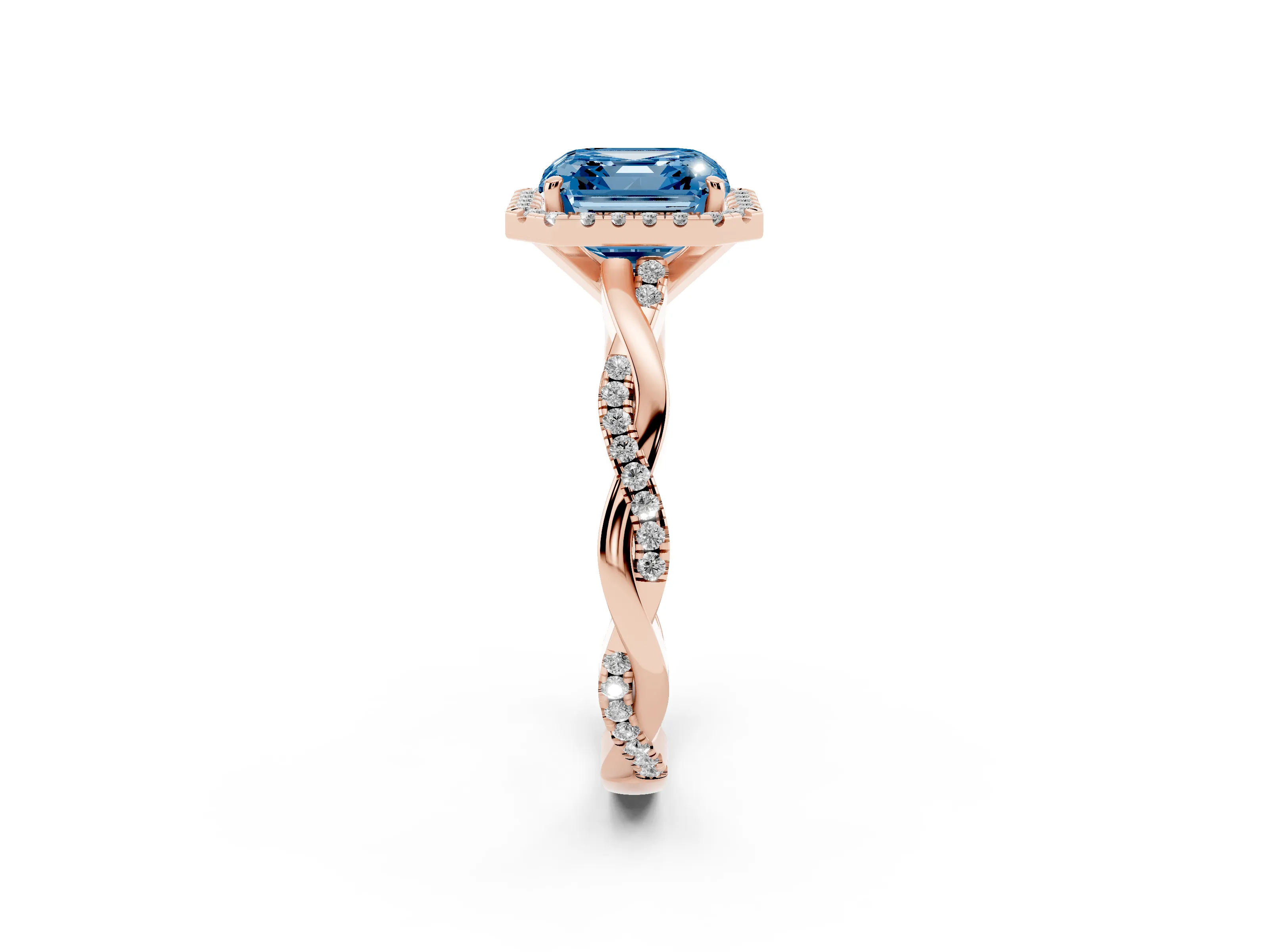 Fancy Blue Asscher Cut Diamond Halo Twisted Band Ring Set in Rose gold with Prong Setting