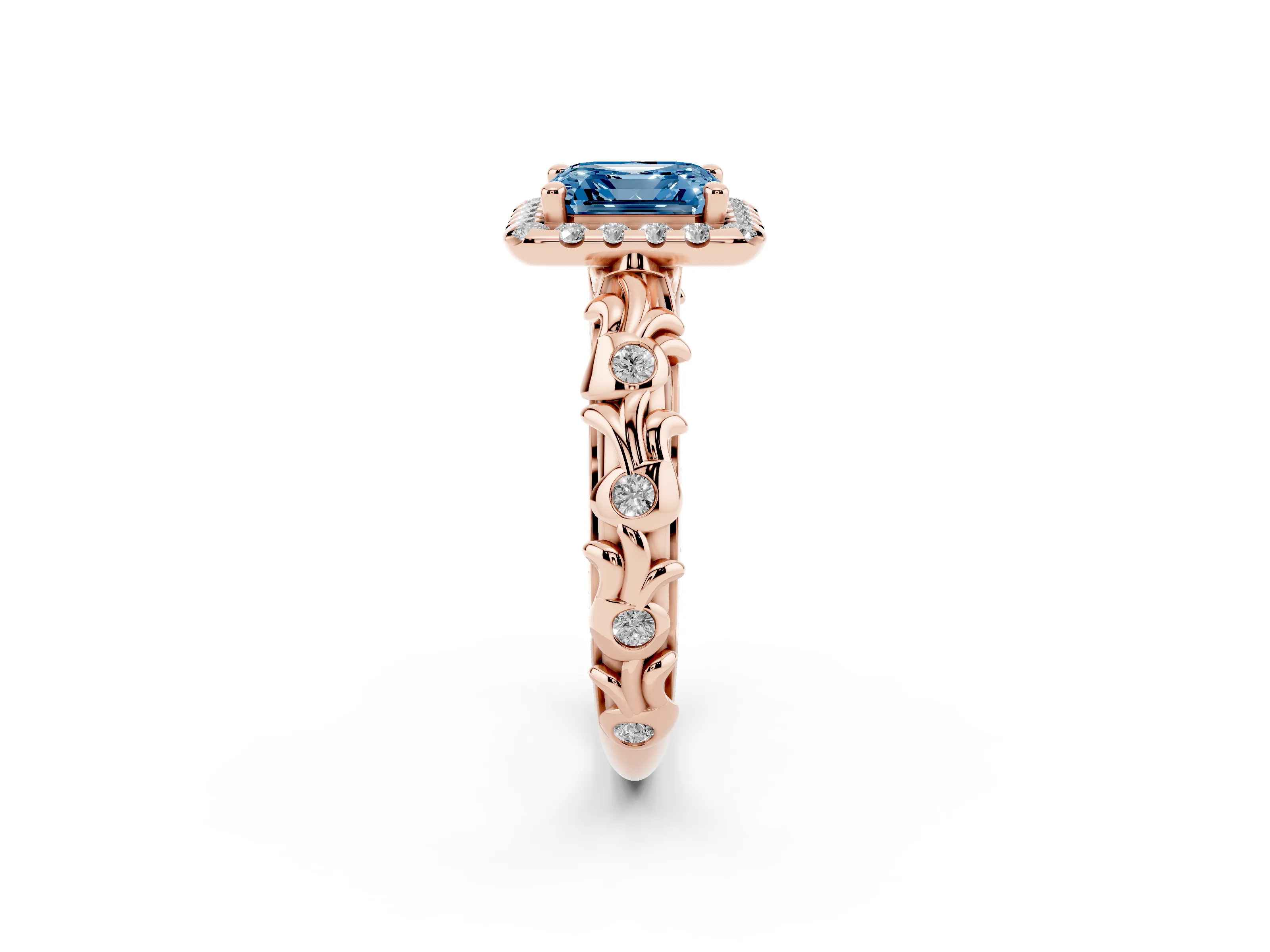 Fancy Blue Asscher Cut Diamond Halo Ring Set in Rose gold with Filigree Leaf Band and Prong Setting
