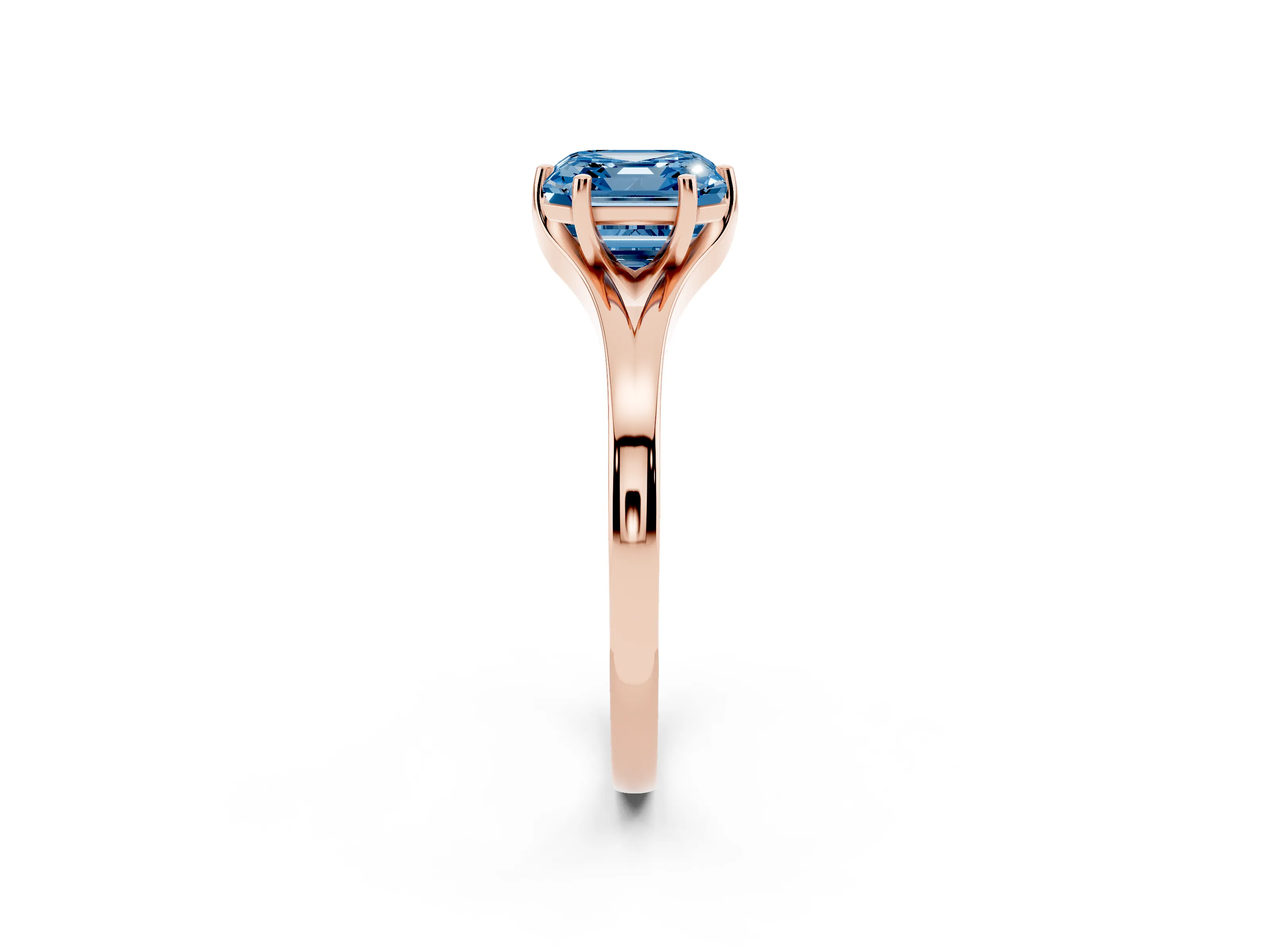 Fancy Blue Asscher Cut Diamond Solitaire Ring Set in Rose gold with Polished Tapered Band and Prong Setting