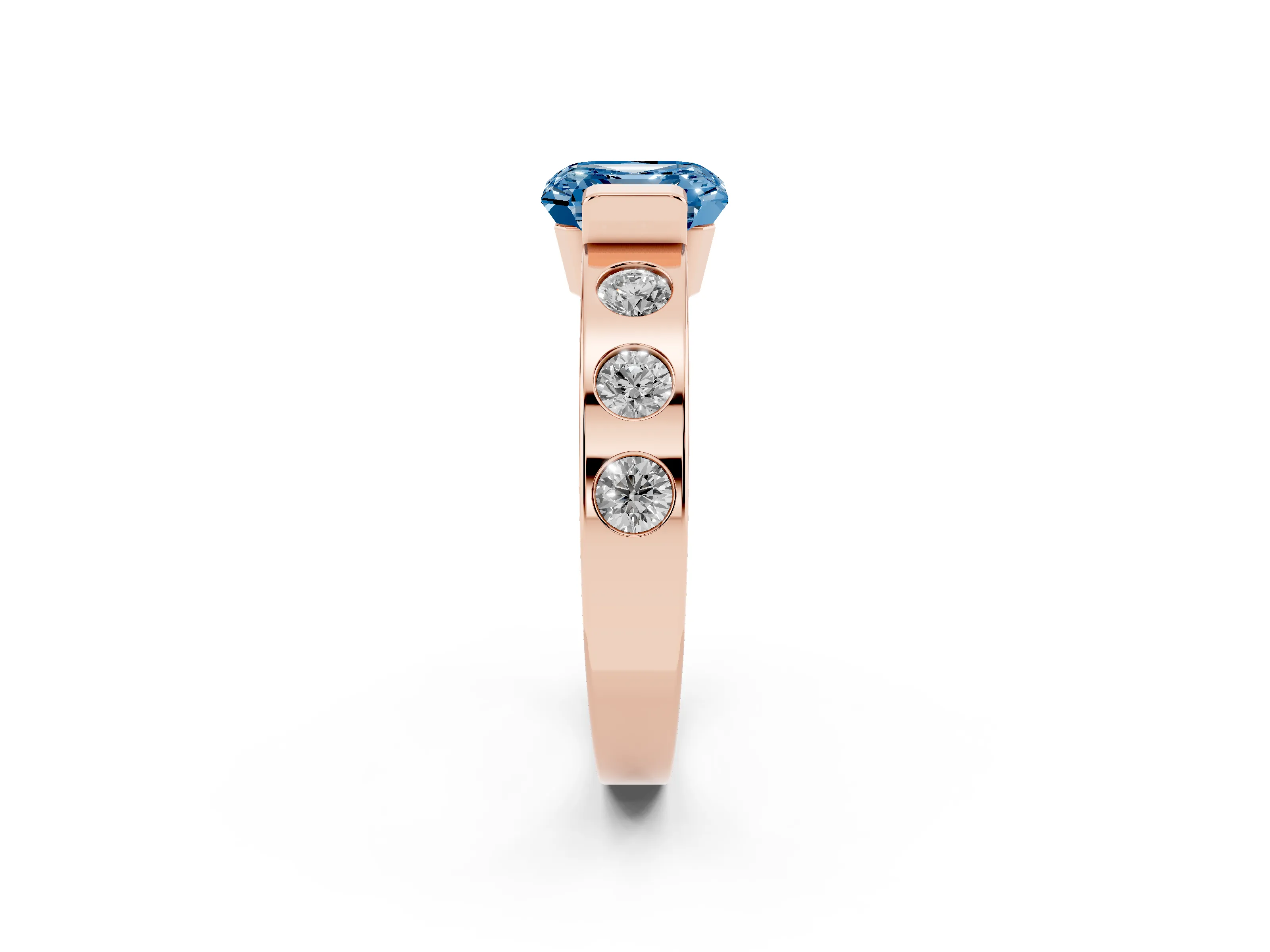 Fancy Blue Asscher Cut Diamond Channel-Set Band Ring Set in Rose gold with Bezel Prong Setting