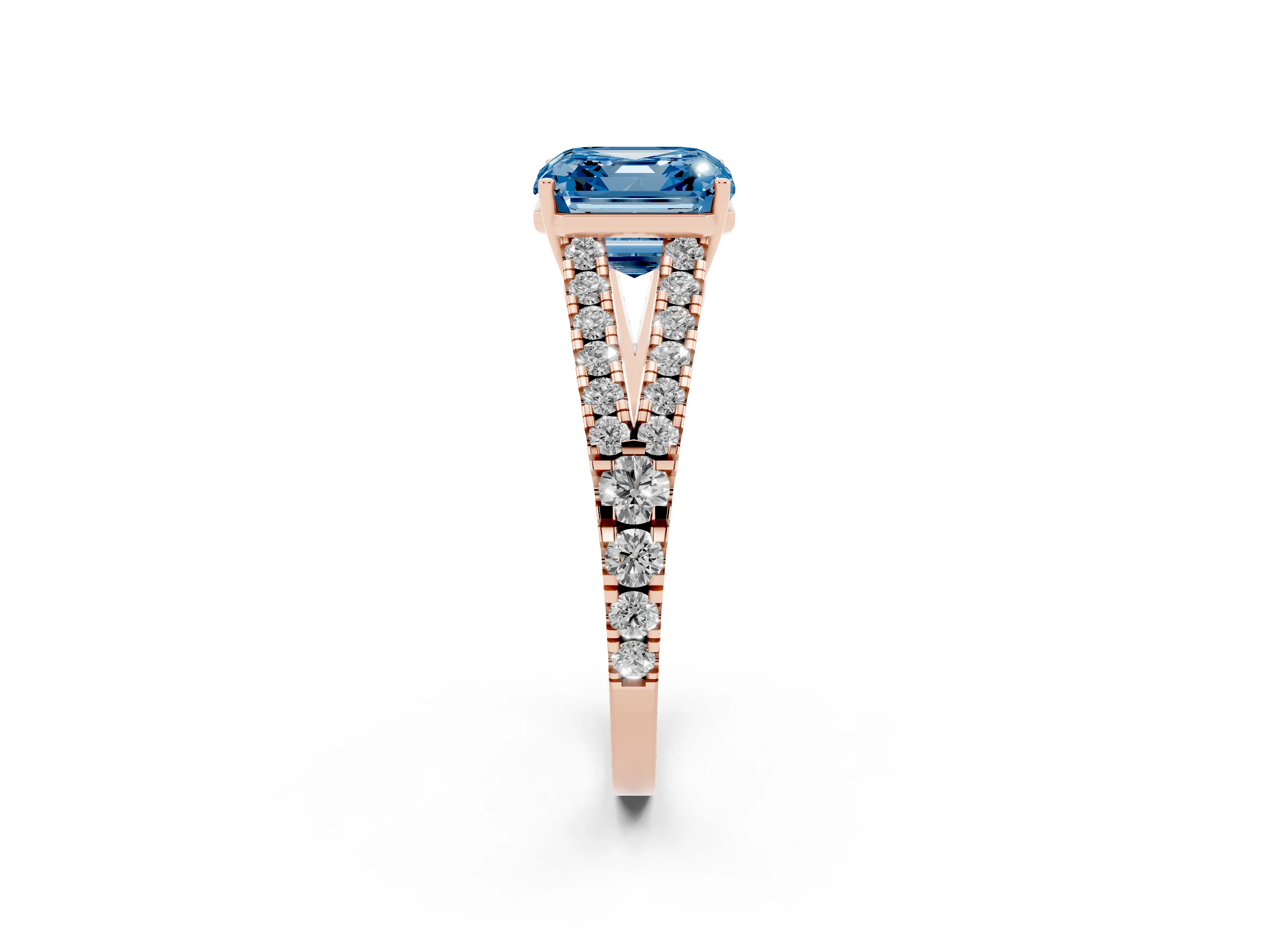 Fancy Blue Asscher Cut Diamond Split Shank Engagement Ring Set in Rose gold with Round Pavé and Prong Setting