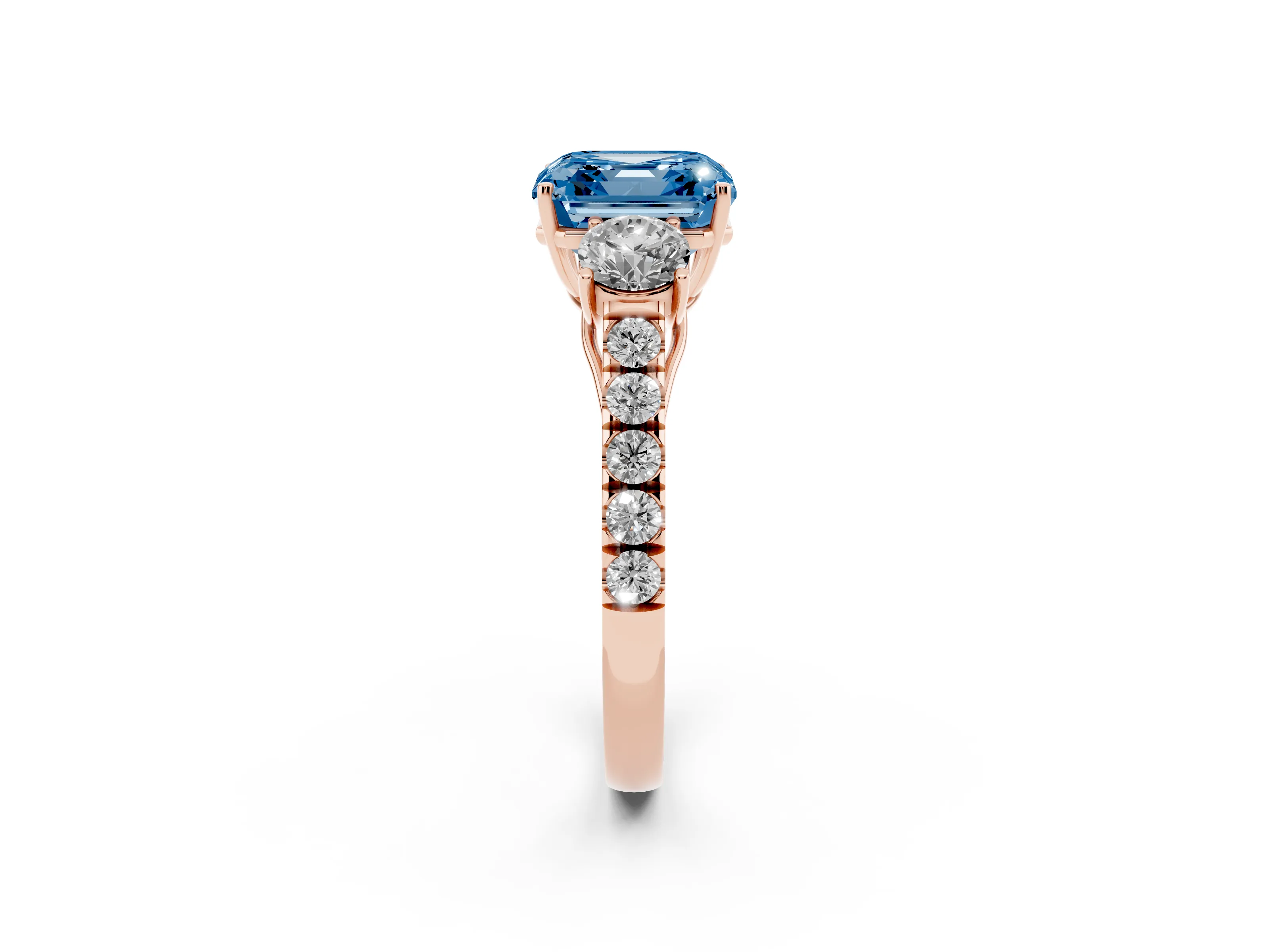Fancy Blue Asscher Cut Diamond Three-Stone Ring Set in Rose gold with Round Side Stones and Delicate Pavé Band