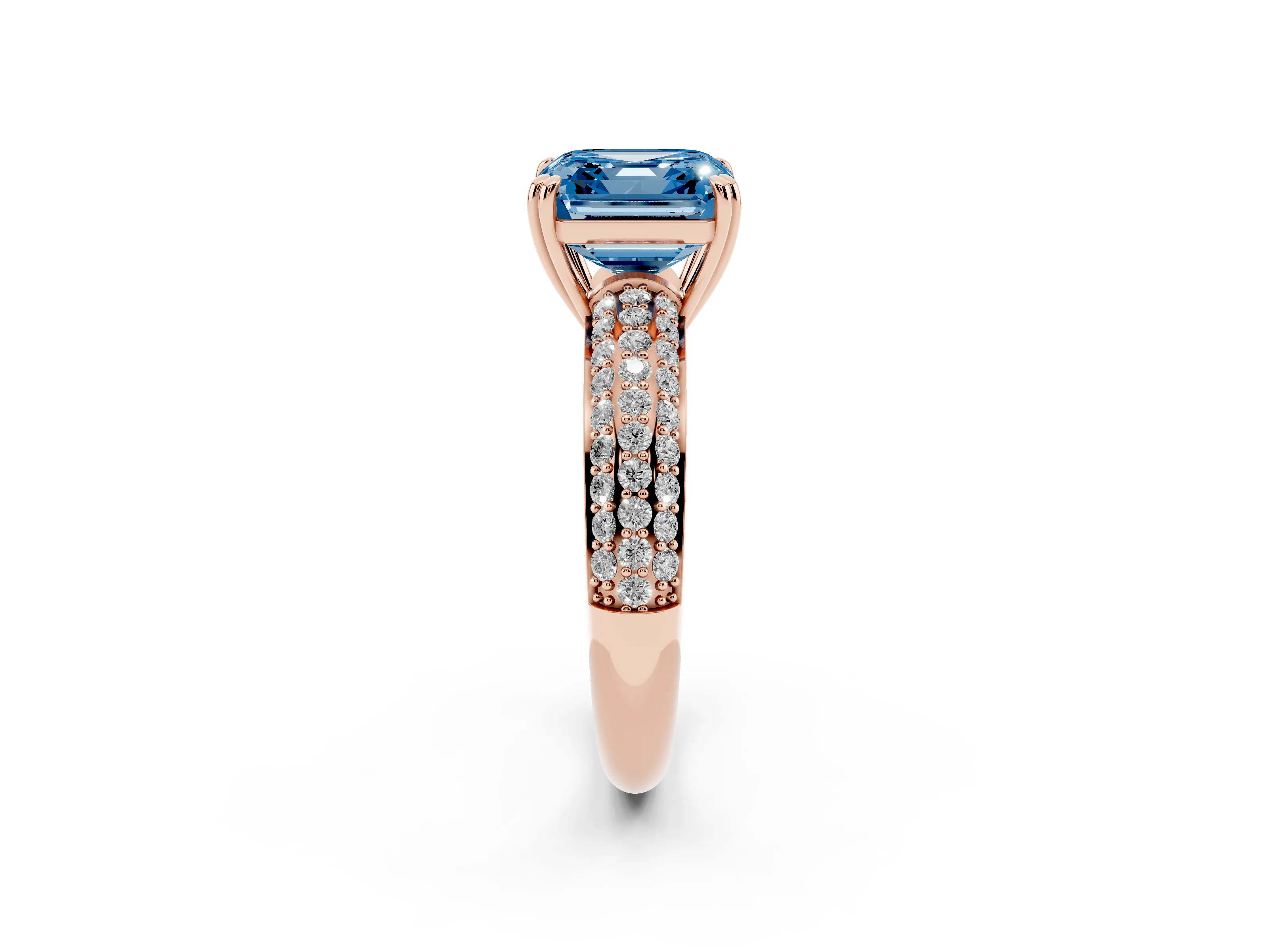 Fancy Blue Asscher Cut Diamond Solitaire Ring Set in Rose gold with Multi-Row Round Pavé Band and Prong Setting