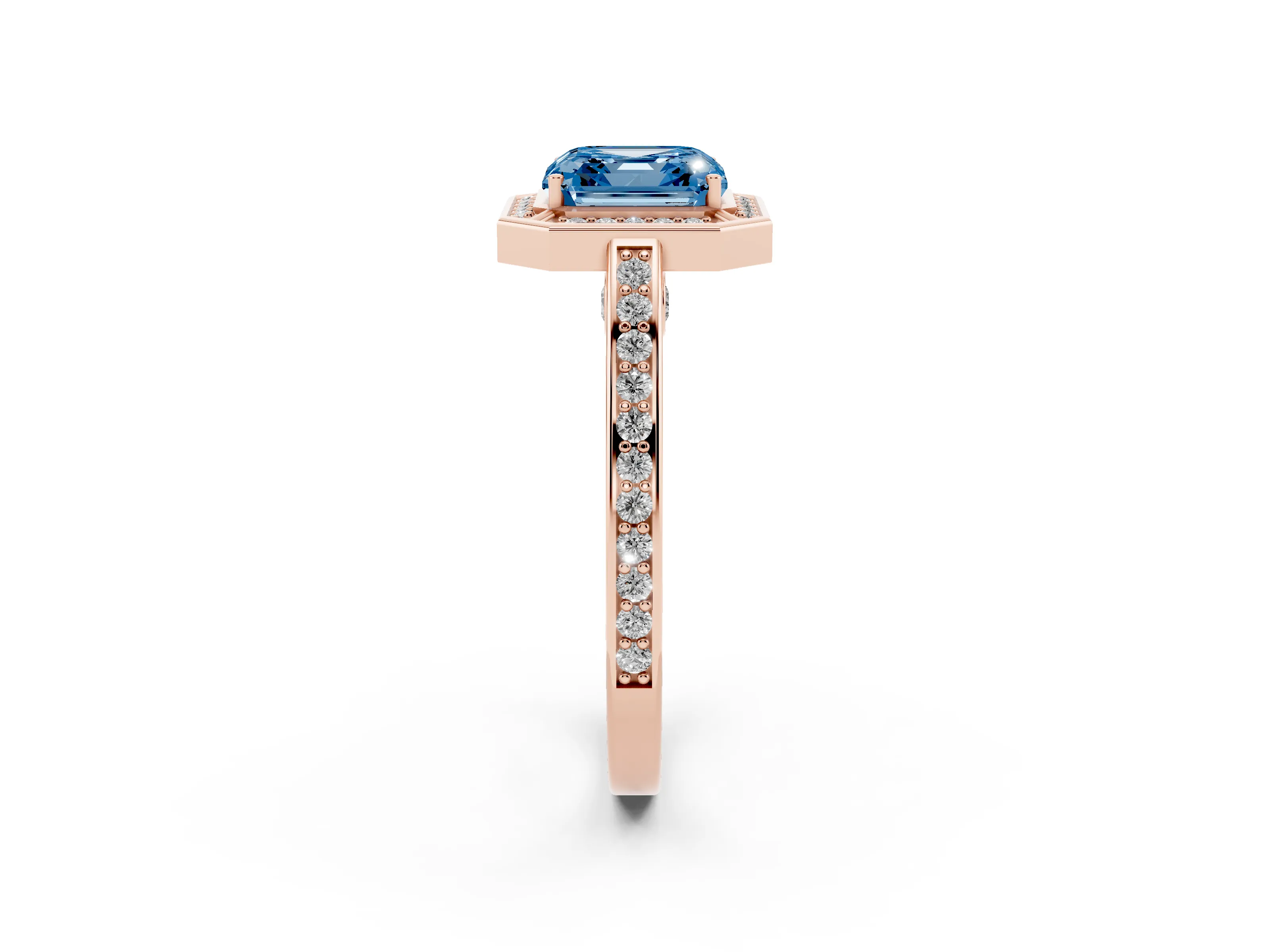 Fancy Blue Asscher Cut Diamond Halo Pavé Split Shank Ring Set in Rose gold with Prong Setting