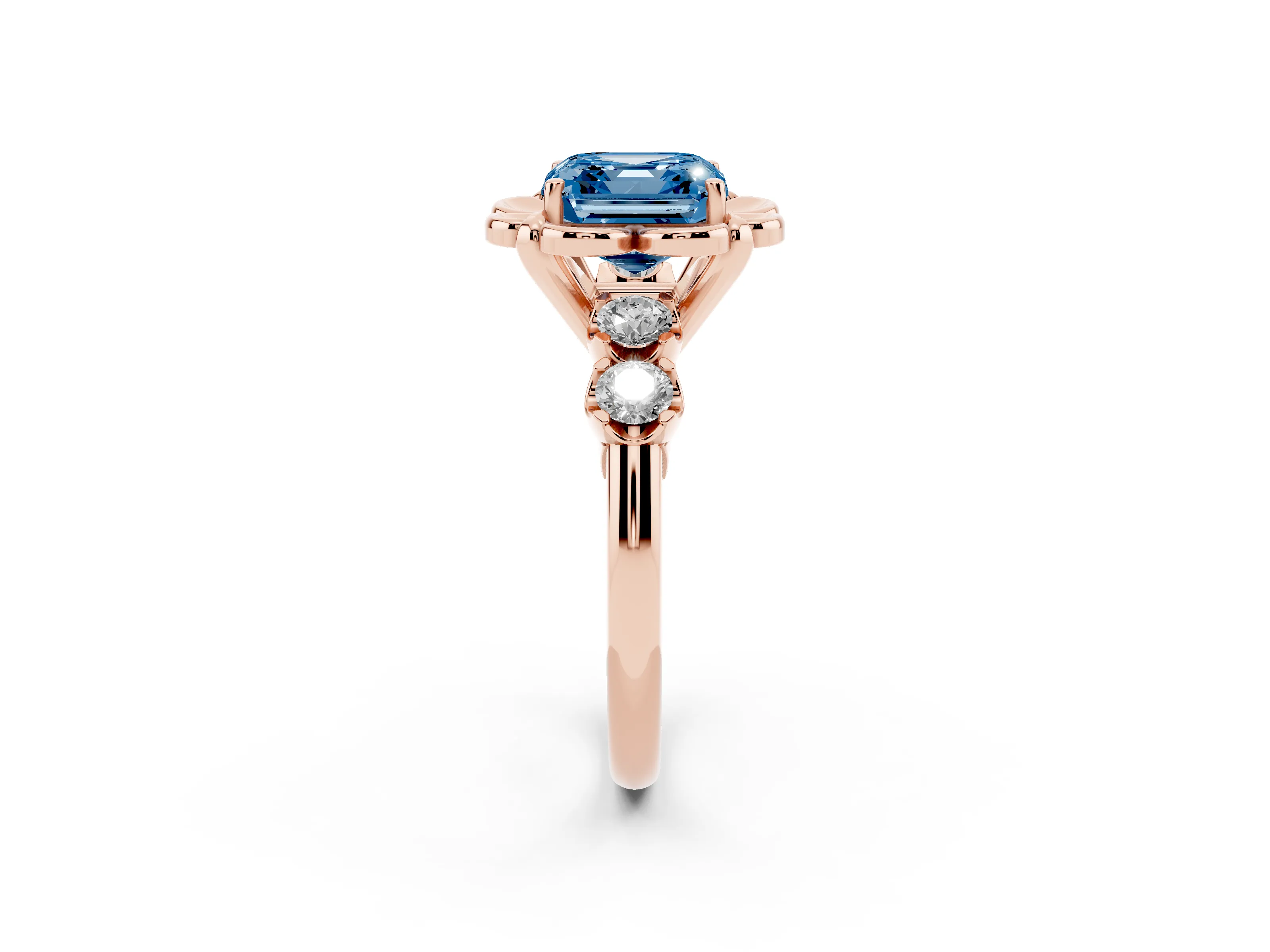Fancy Blue Asscher Cut Diamond Floral Halo Ring Set in Rose gold with Shared Prong Band