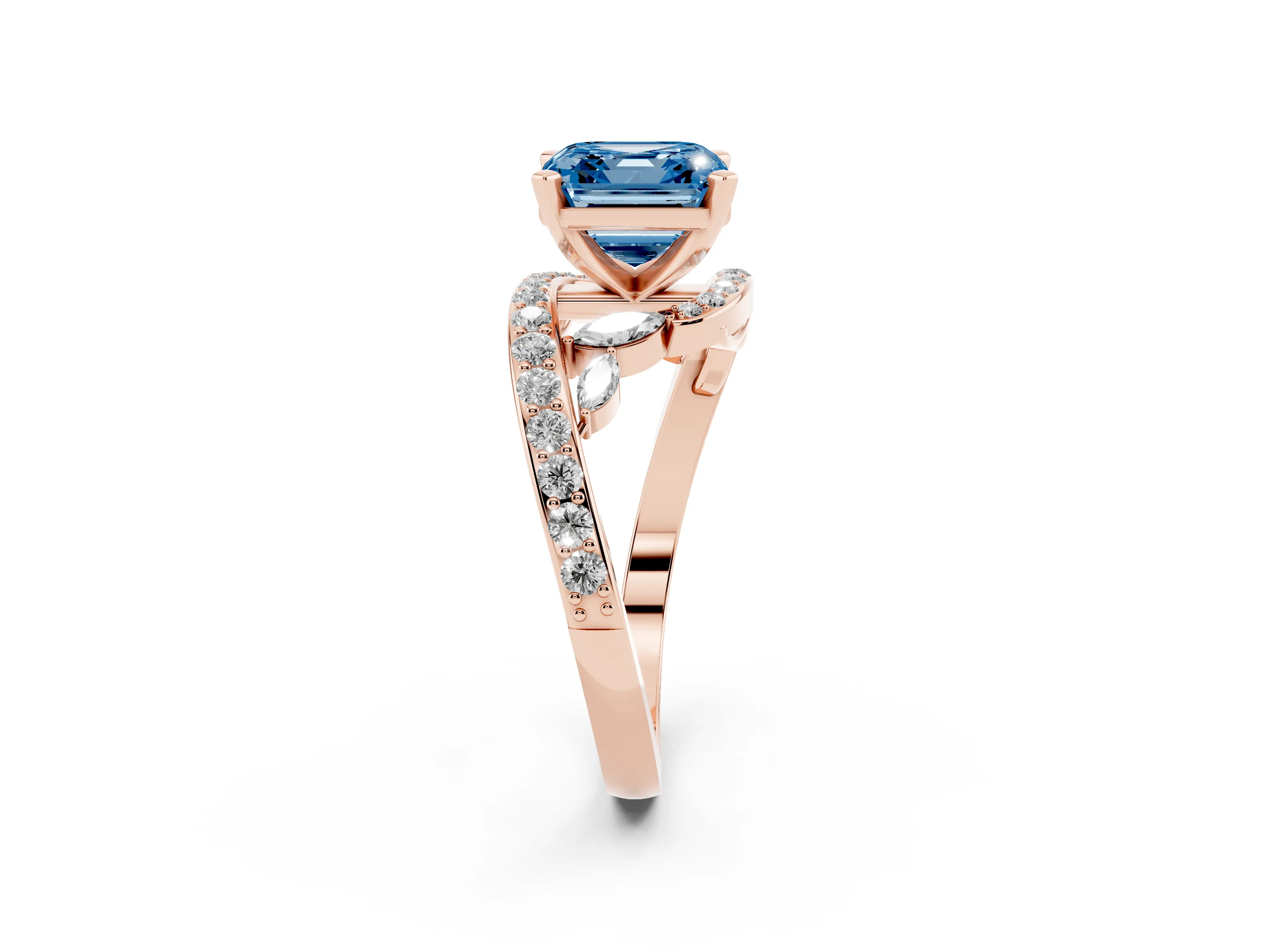 Fancy Blue Asscher Cut Diamond Solitaire Ring Set in Rose gold with Pavé Twist Band and Secure Prong Setting