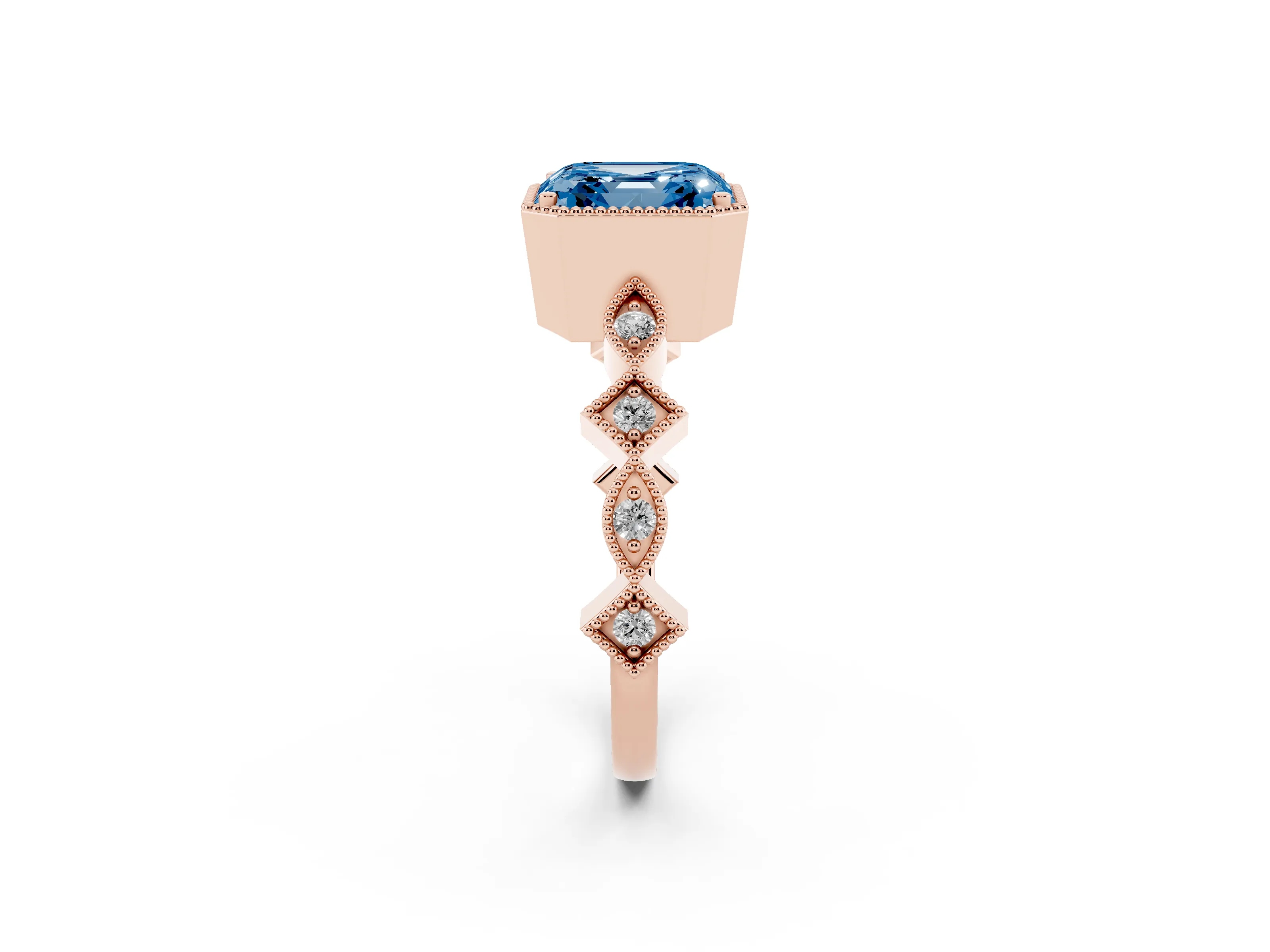 Fancy Blue Asscher Cut Diamond Milgrain Marquise Twist Band Ring Set in Rose gold with Prong Setting