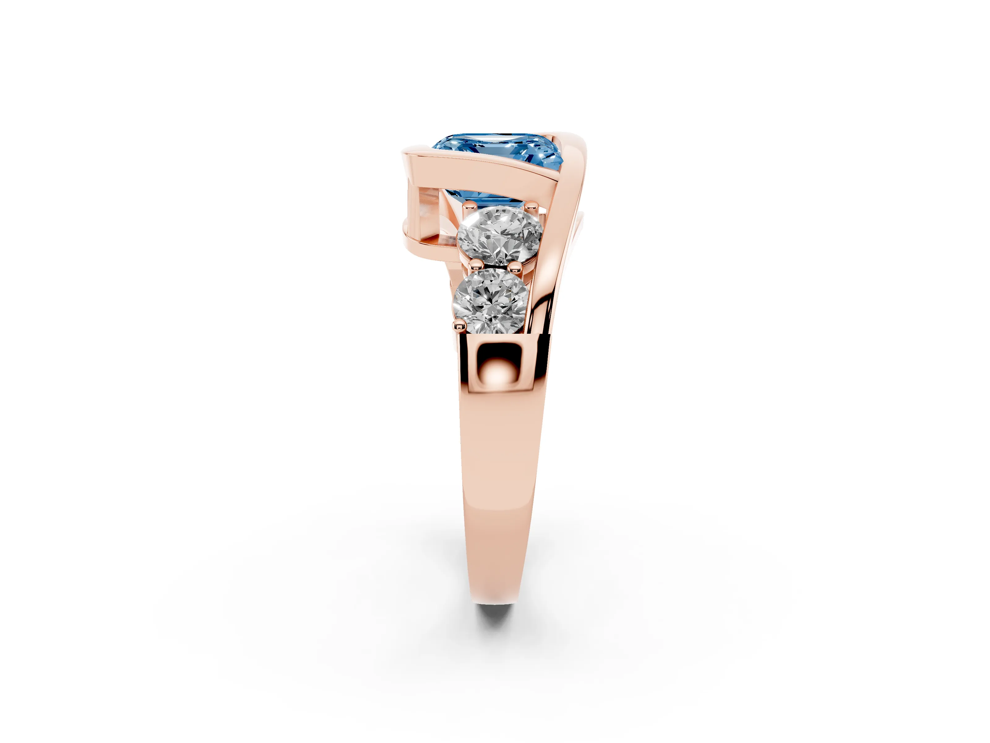 Fancy Blue Asscher Cut Diamond Bezel Bypass Ring Set in Rose gold with Round Accents