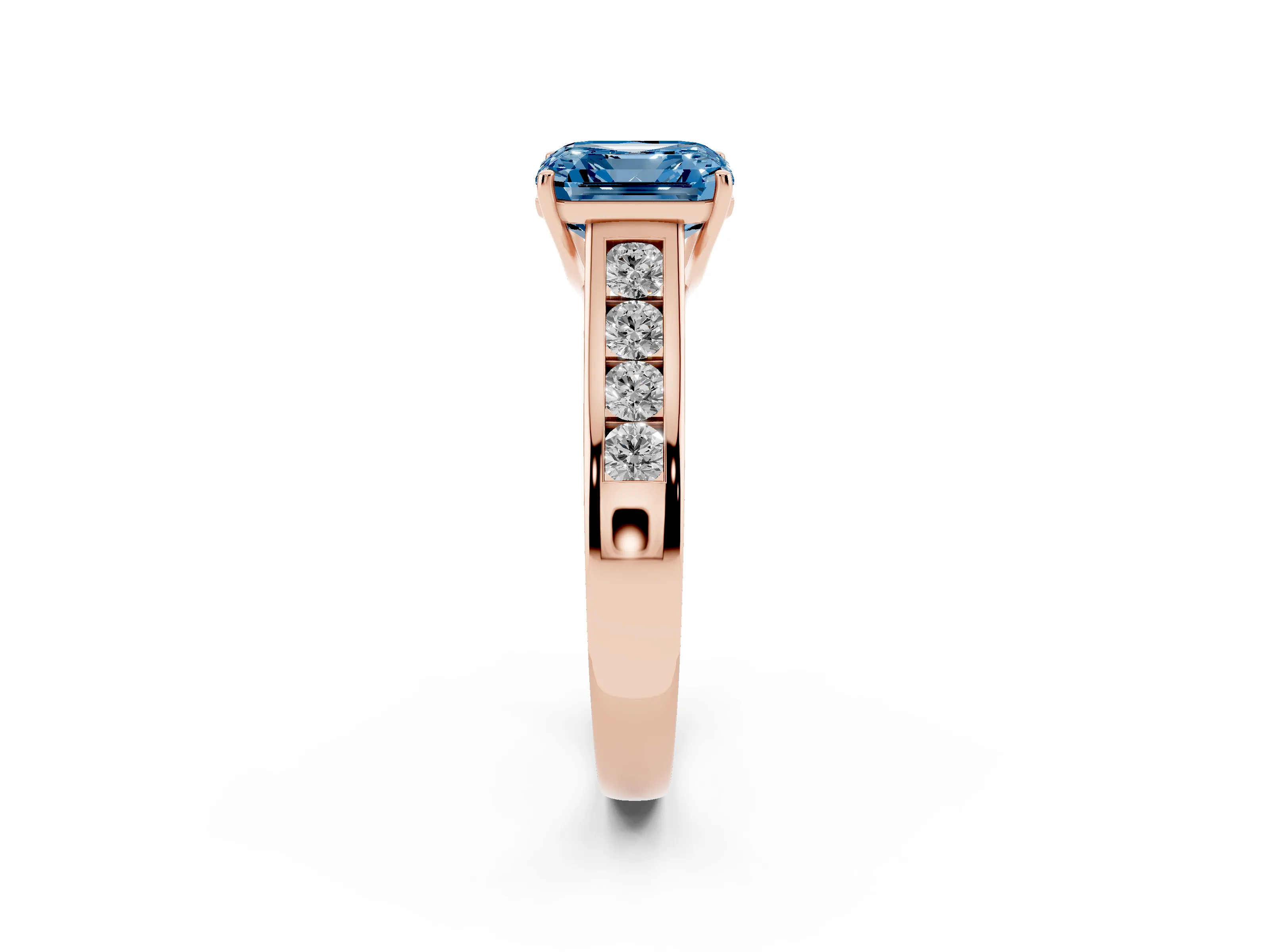 Fancy Blue Asscher Cut Diamond Brilliant Channel-Set Solitaire Ring Set in Rose gold with Prong Setting