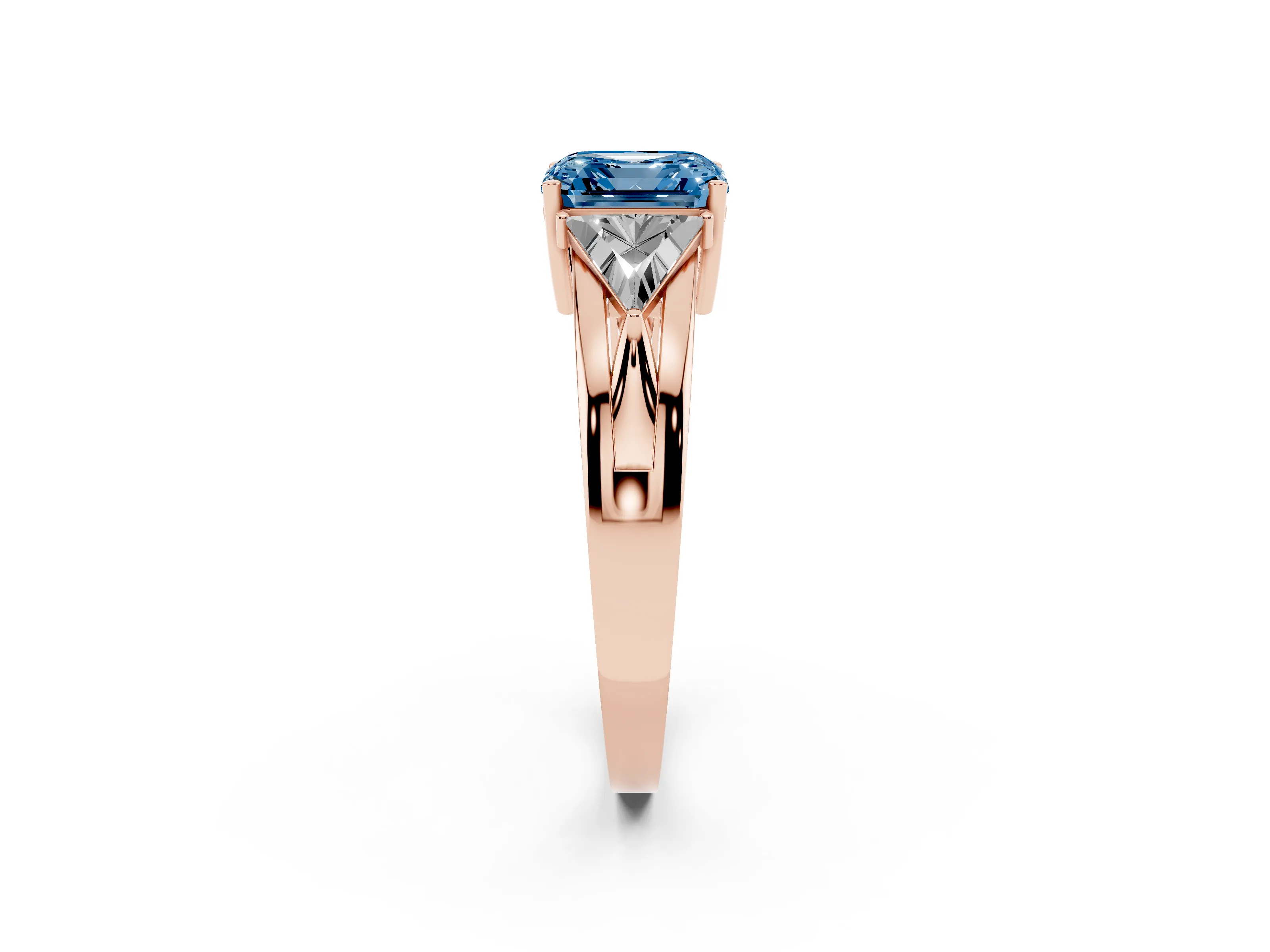 Fancy Blue Asscher Cut Diamond Three-Stone Ring Set in Rose gold with Trillion Side Stones and Split Shank