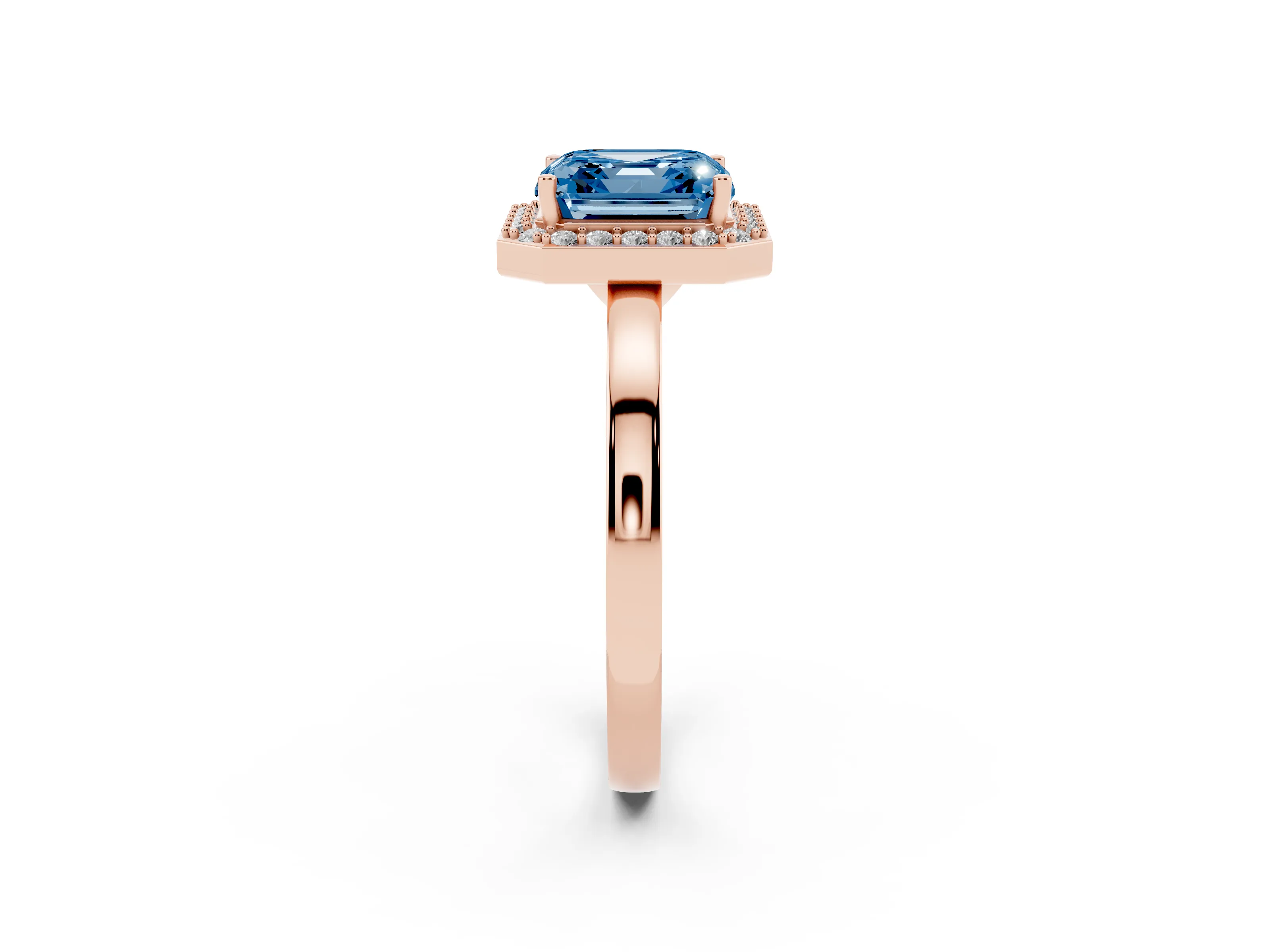 Fancy Blue Asscher Cut Diamond Halo Ring Set in Rose gold with Solitaire Band and Prong Setting