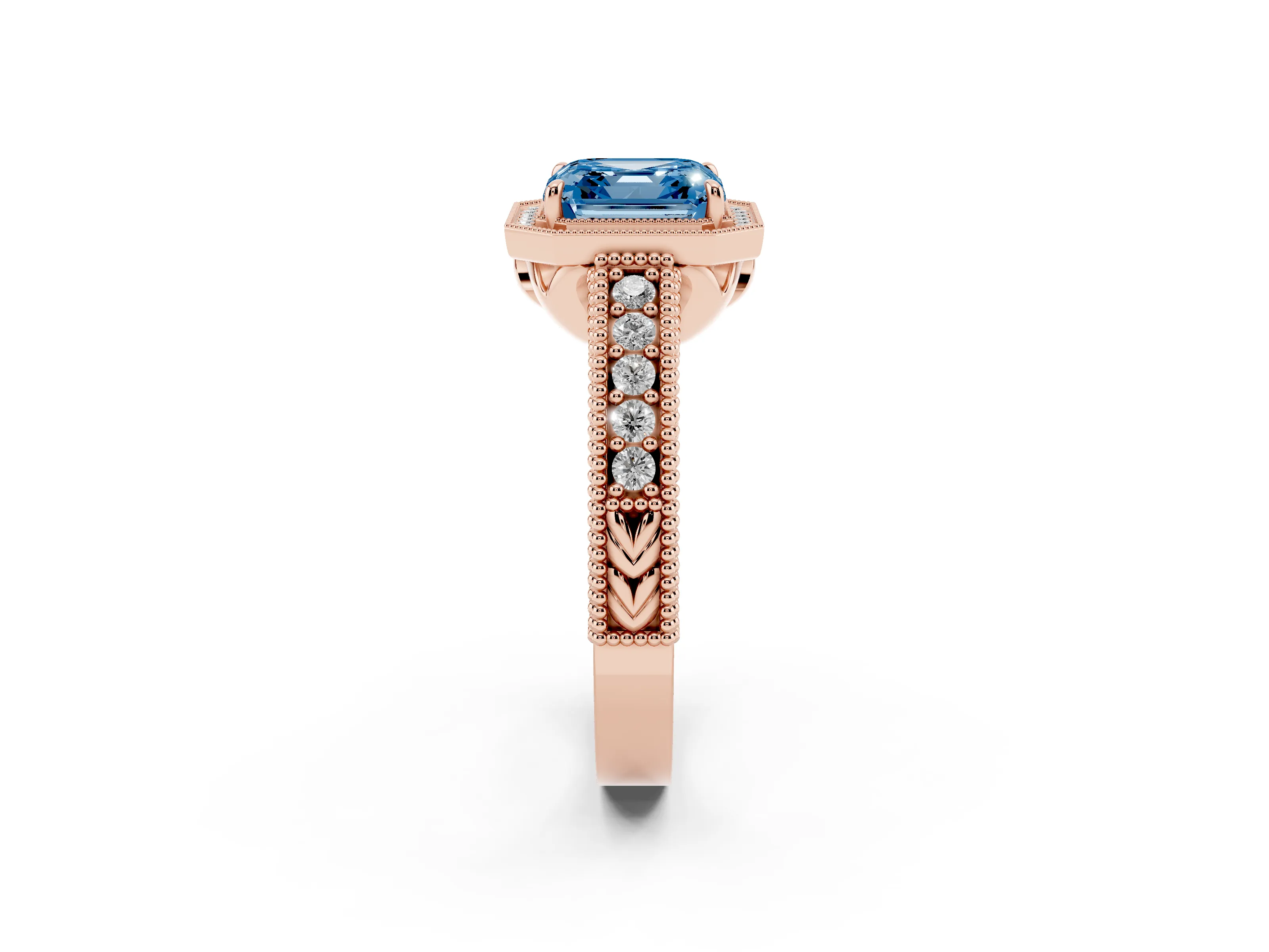 Fancy Blue Asscher Cut Diamond Halo Ring Set in Rose gold with Round Accent Halo, Pavé Band and Prong Setting