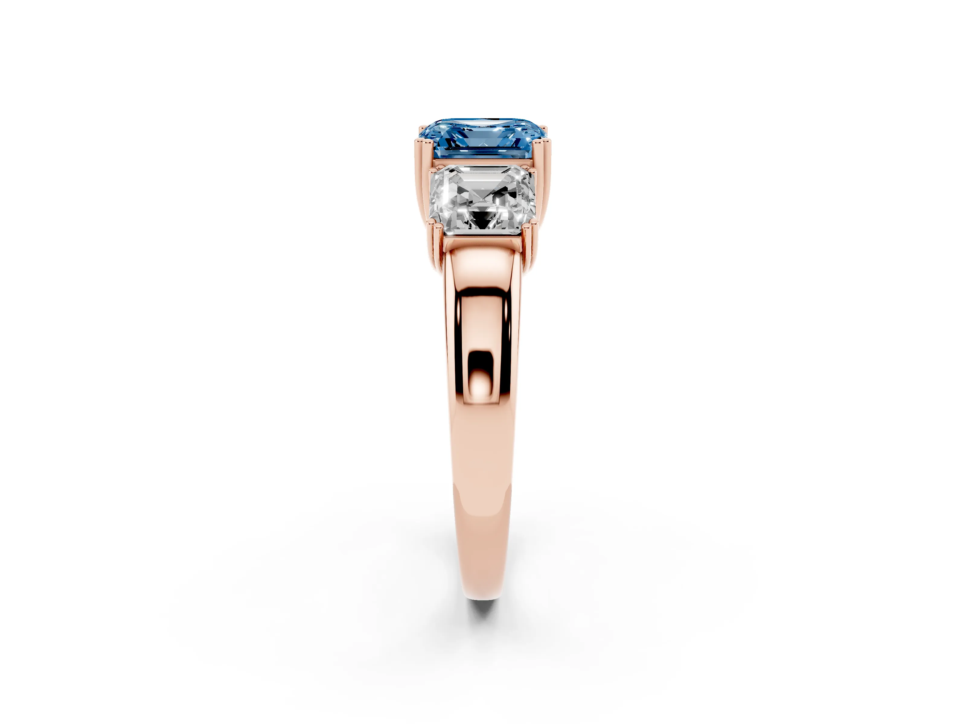 Fancy Blue Asscher Cut Diamond Three-Stone Ring Set in Rose gold with Polished Band and Prong Setting