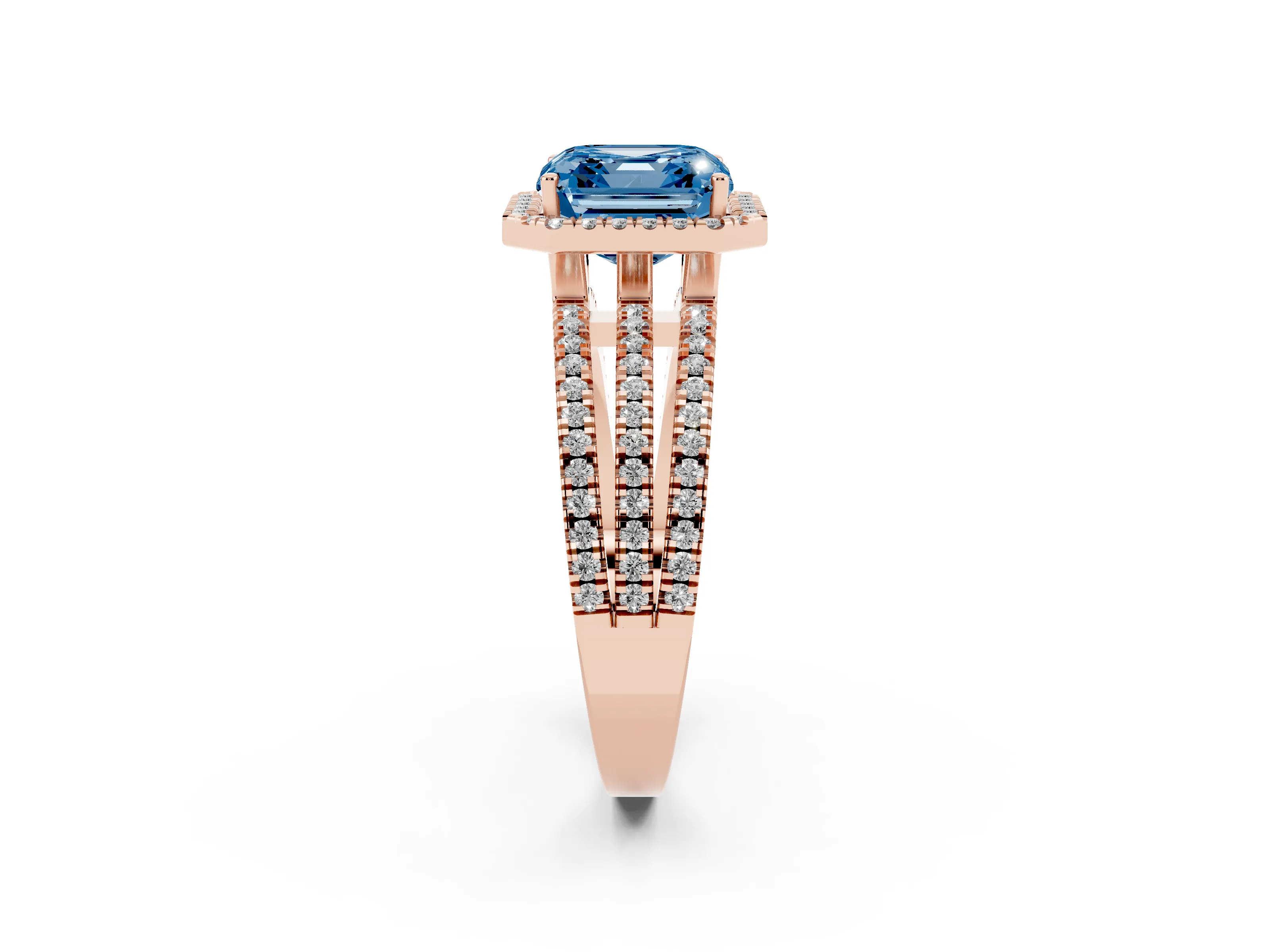 Fancy Blue Asscher Cut Diamond Halo Split Shank Engagement Ring Set in Rose gold with Prong Setting