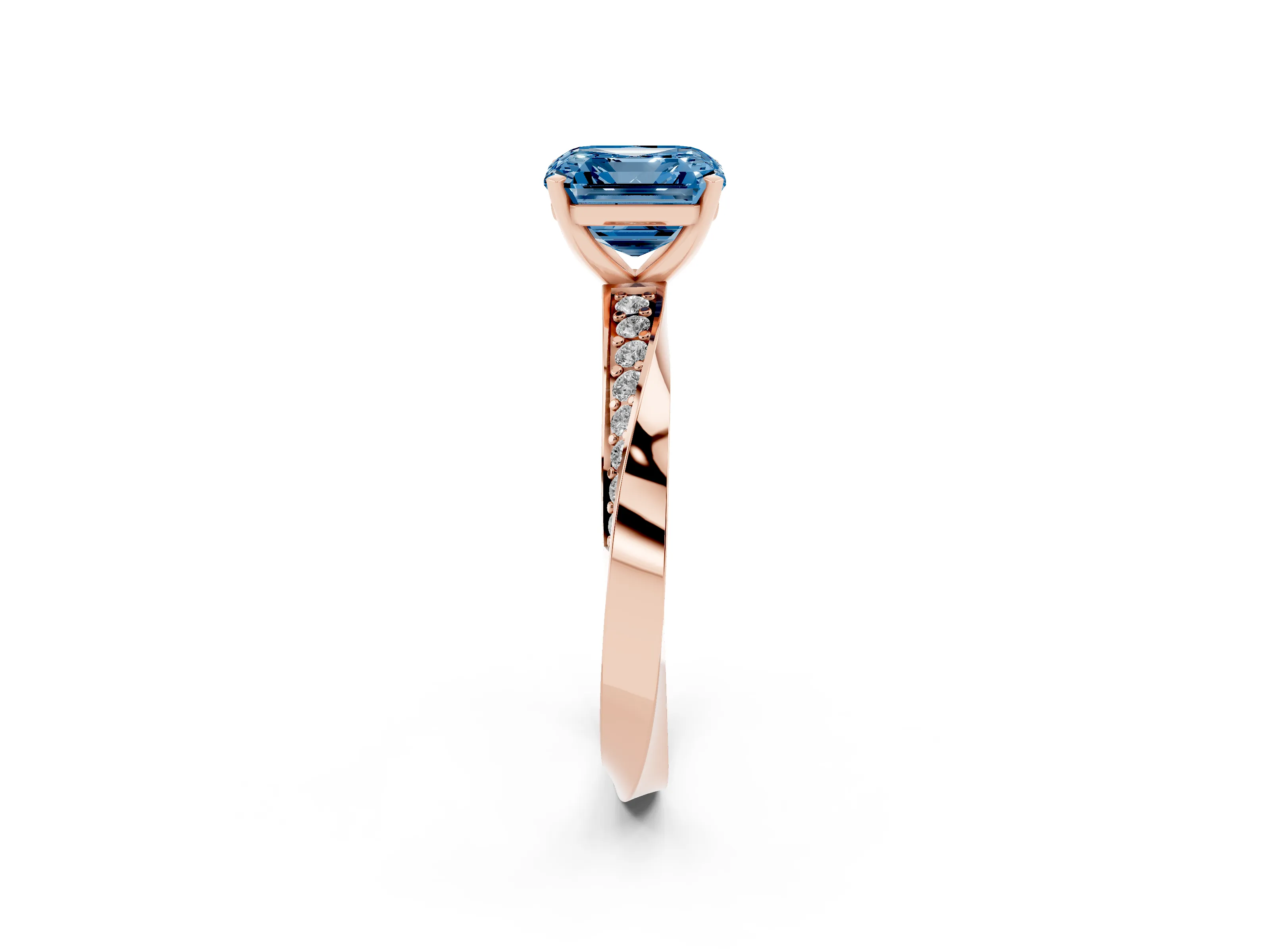 Fancy Blue Asscher Cut Diamond Engagement Ring Set in Rose gold with Side Stone Accents and Prong Setting