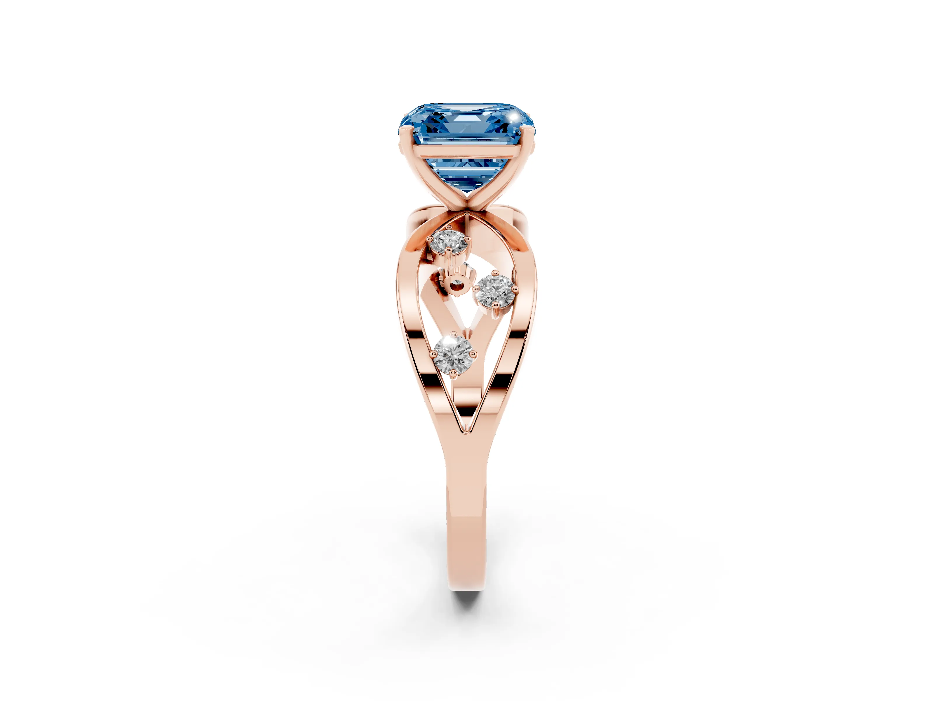 Fancy Blue Asscher Cut Diamond Solitaire Ring Set in Rose gold with Side Stones on Criss-Cross Band and Prong Setting