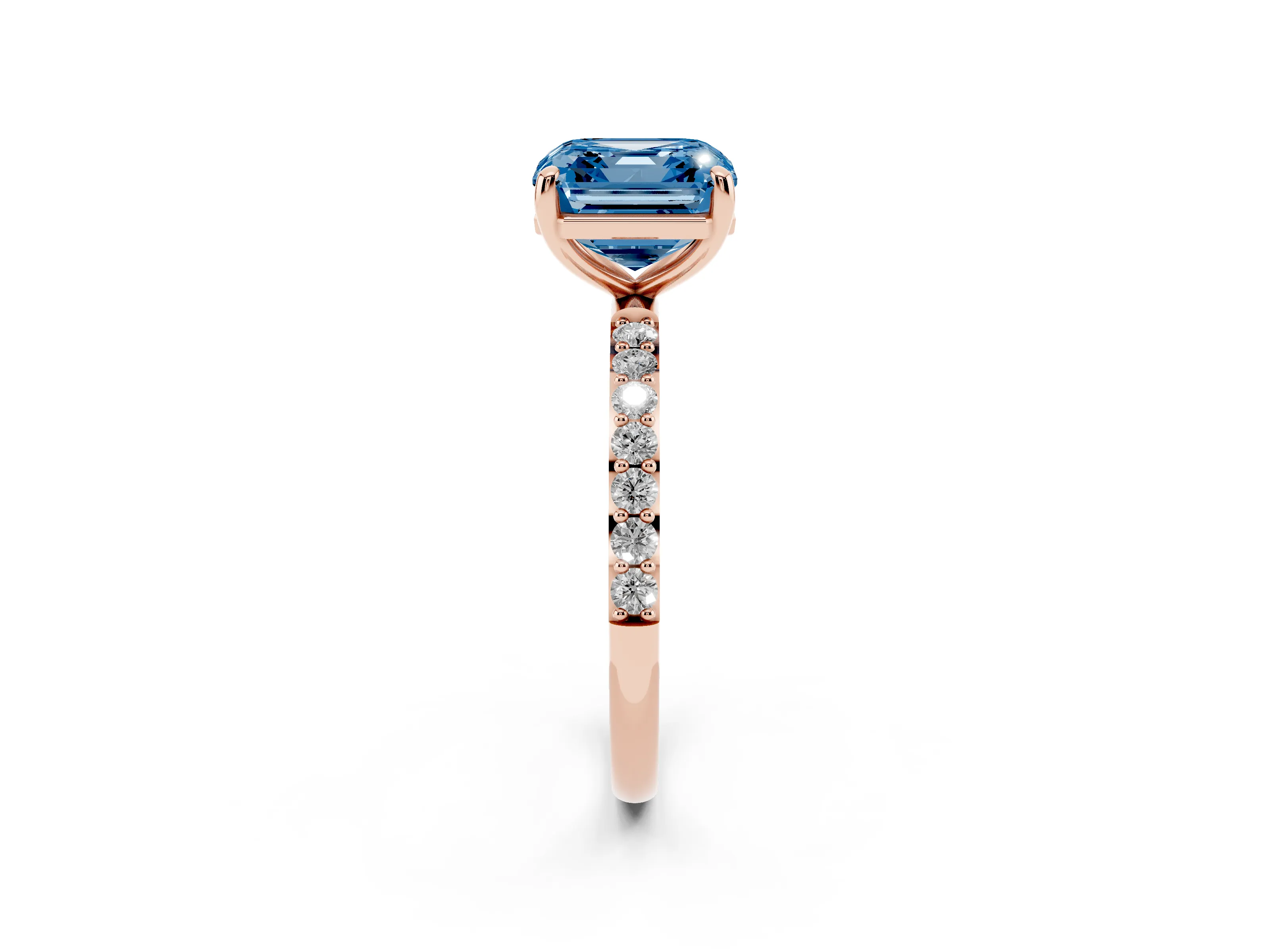Fancy Blue Asscher Cut Diamond Solitaire Ring Set in Rose gold with Round Pavé Band and Prong Setting