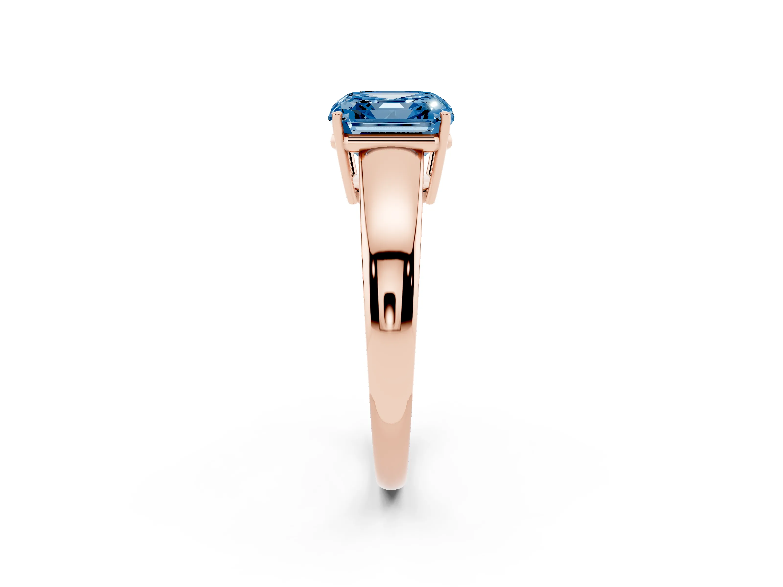 Fancy Blue Asscher Cut Diamond Solitaire Ring Set in Rose gold with Tapered Band and Prong Setting
