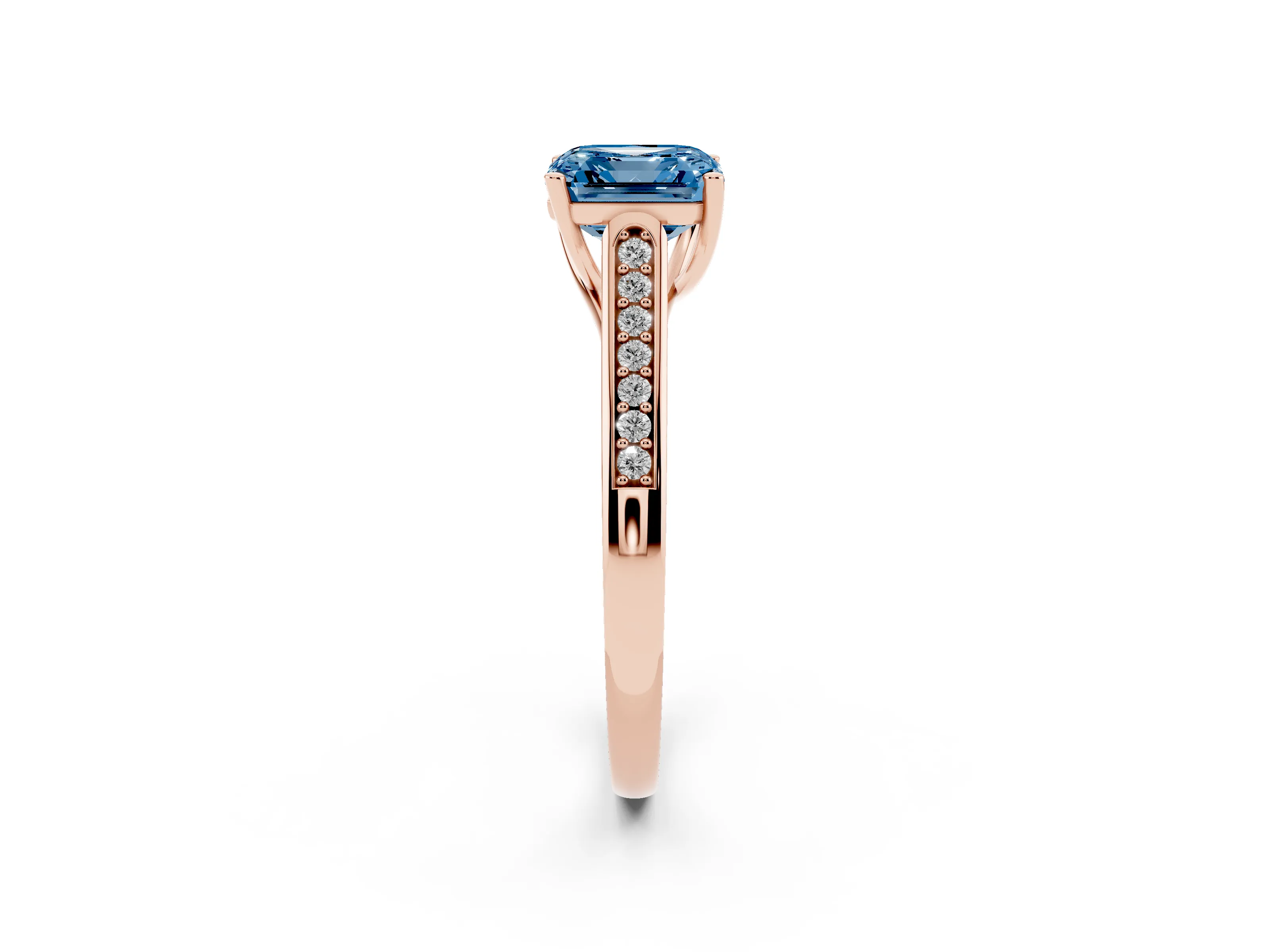 Fancy Blue Asscher Cut Diamond Solitaire Cathedral Engagement Ring Set in Rose gold with Channel-Set Band and Prong Setting