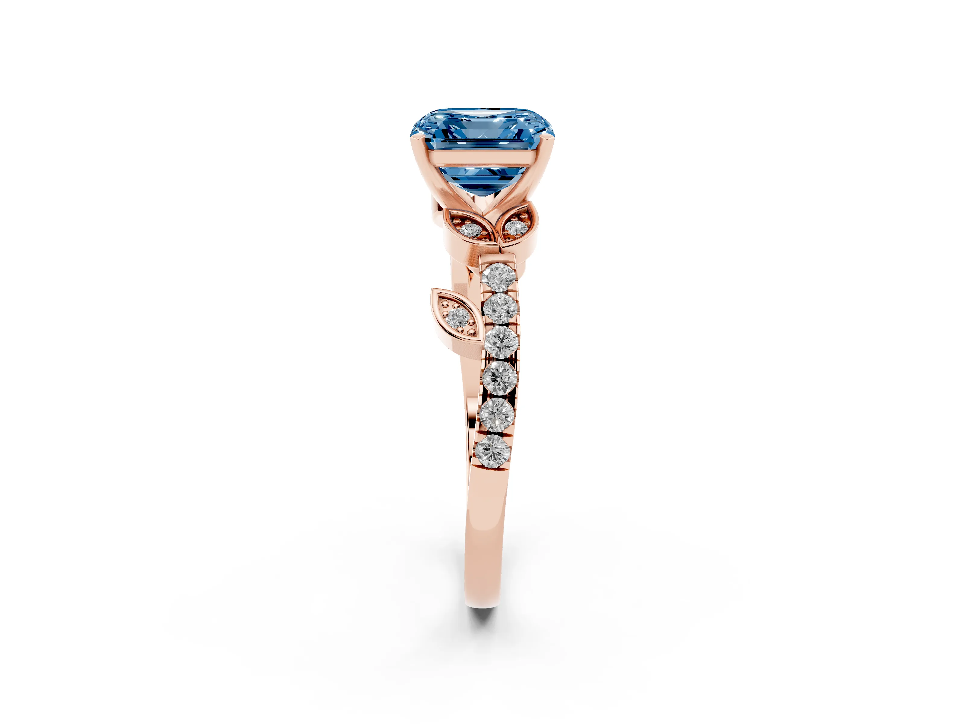 Fancy Blue Asscher Cut Diamond Solitaire Leaf-Inspired Ring Set in Rose gold with Pavé Band and Prong Setting