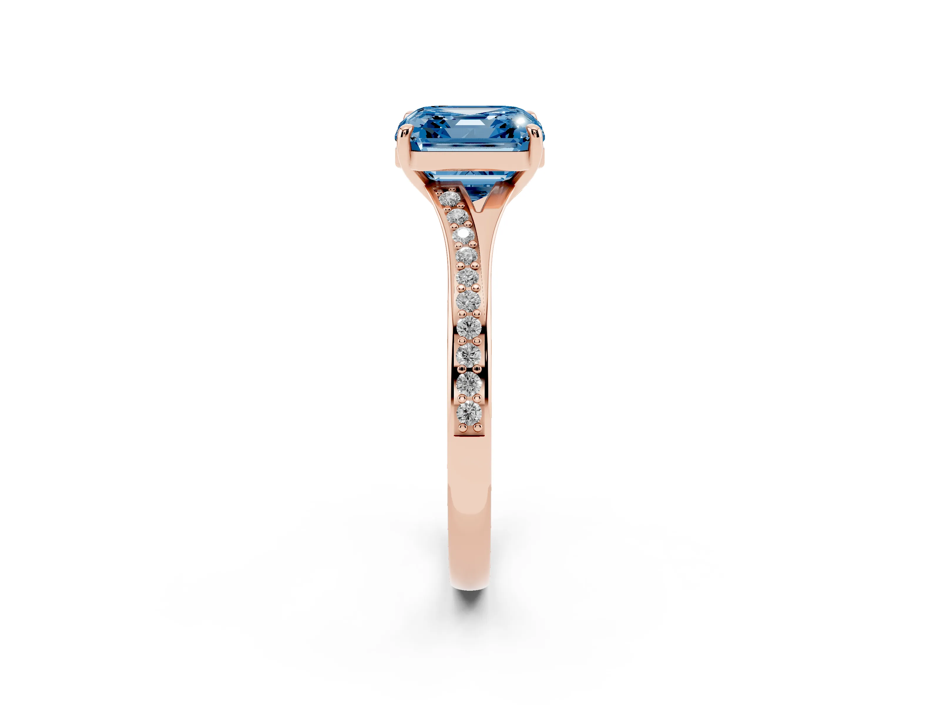 Fancy Blue Asscher Cut Diamond Solitaire Ring Set in Rose gold with Pavé Accent Band and Classic Prong Setting