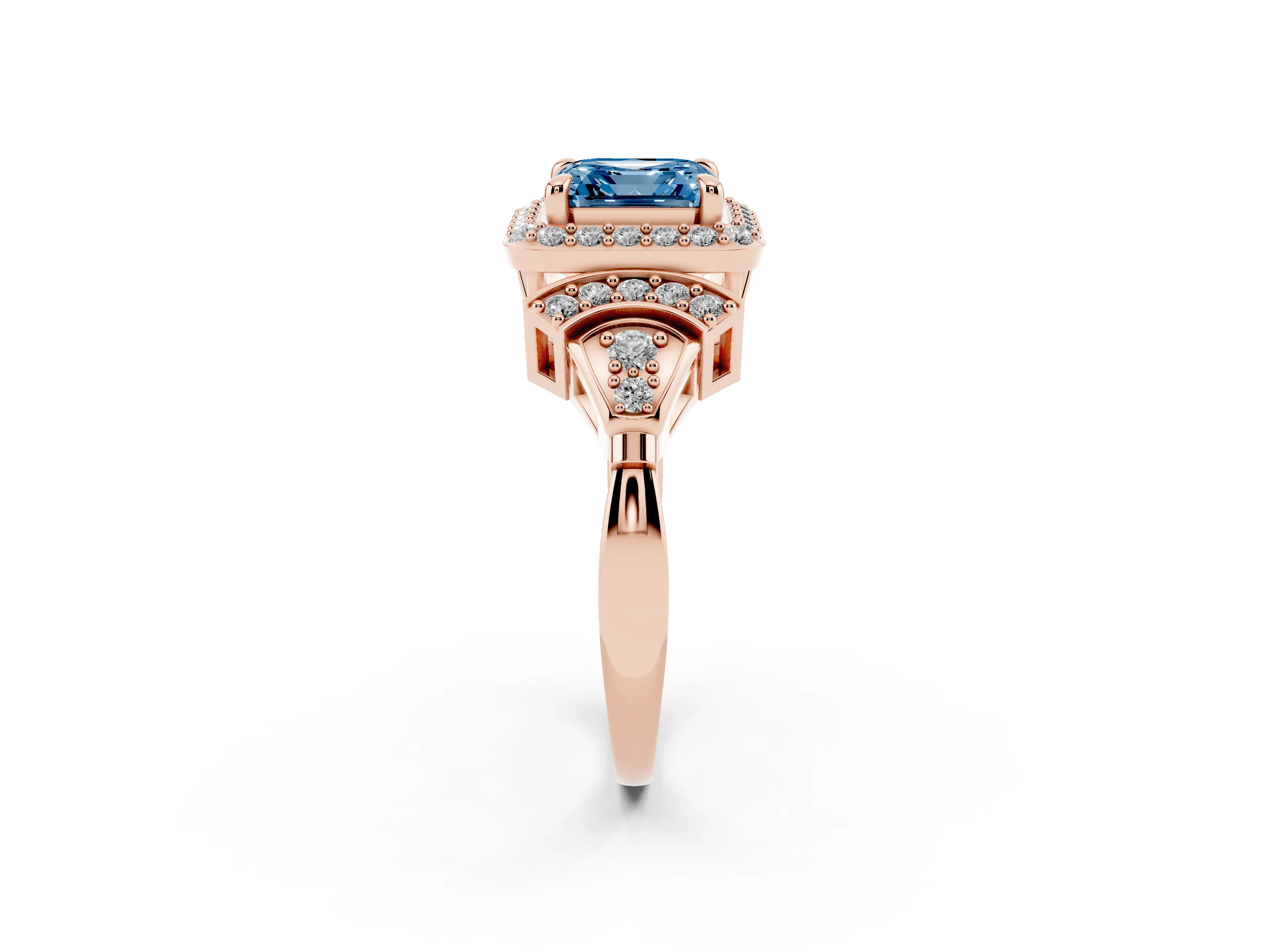 Fancy Blue Asscher Cut Diamond Halo Engagement Ring Set in Rose gold with Accent Stone Split Shank