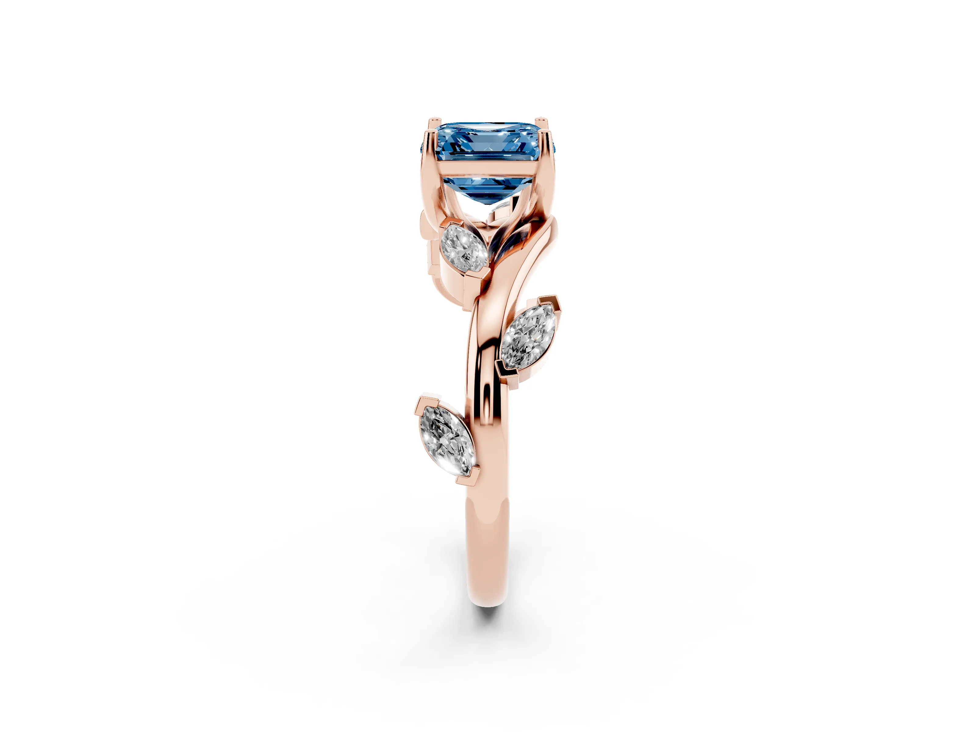 Fancy Blue Asscher Cut Diamond Solitaire Ring Set in Rose gold with Twisted Marquise Accent Band