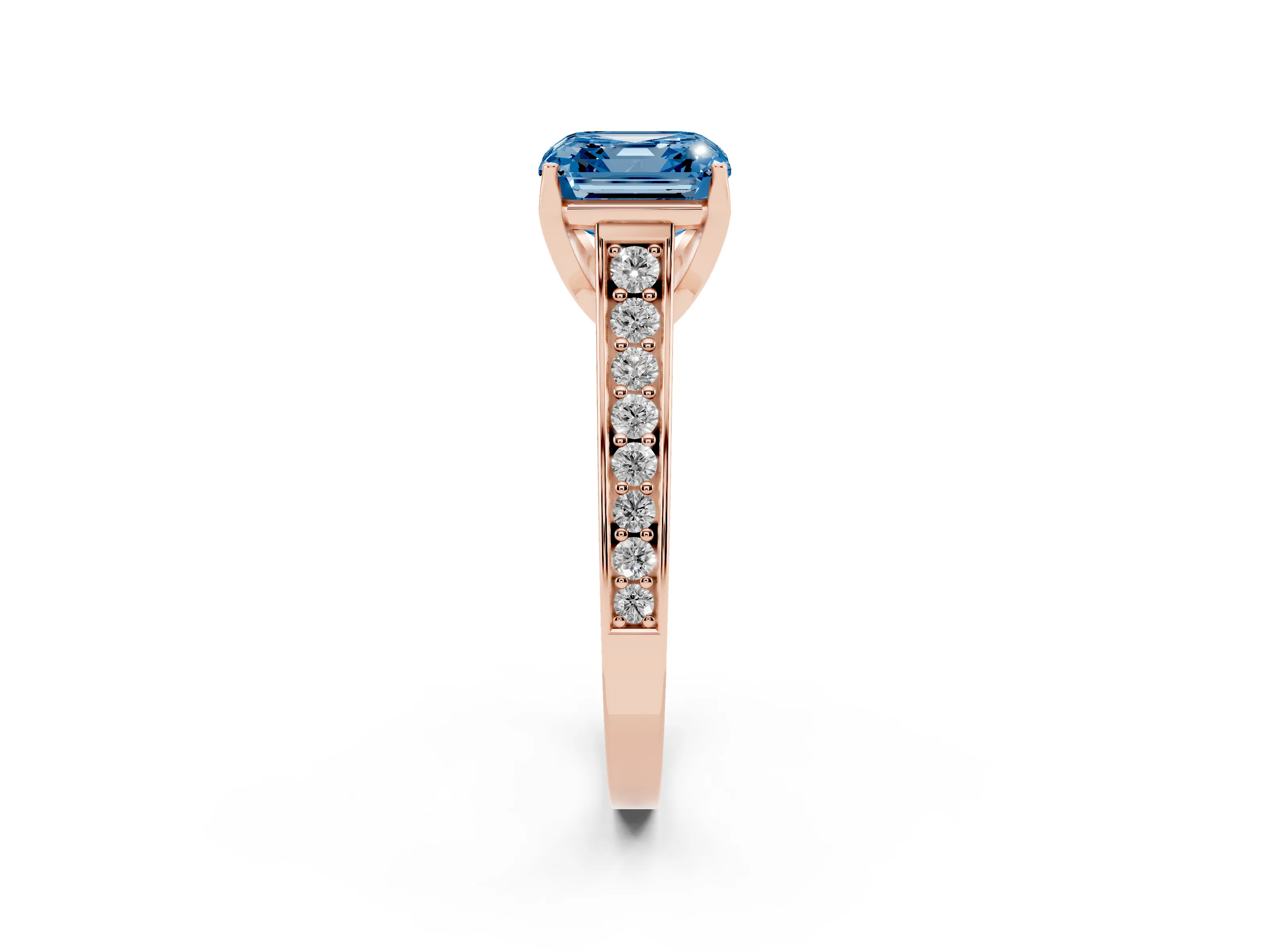 Fancy Blue Asscher Cut Diamond Solitaire Pavé Engagement Ring Set in Rose gold with Prong Setting