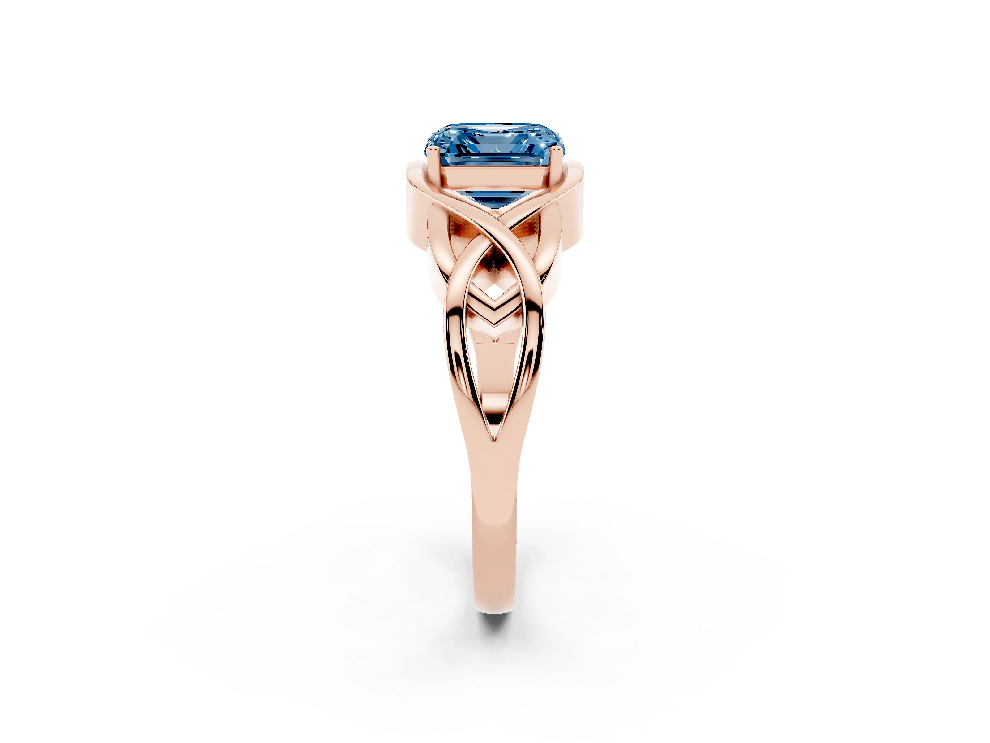 Fancy Blue Asscher Cut Diamond Solitaire Ring Set in Rose gold with Intertwined Band