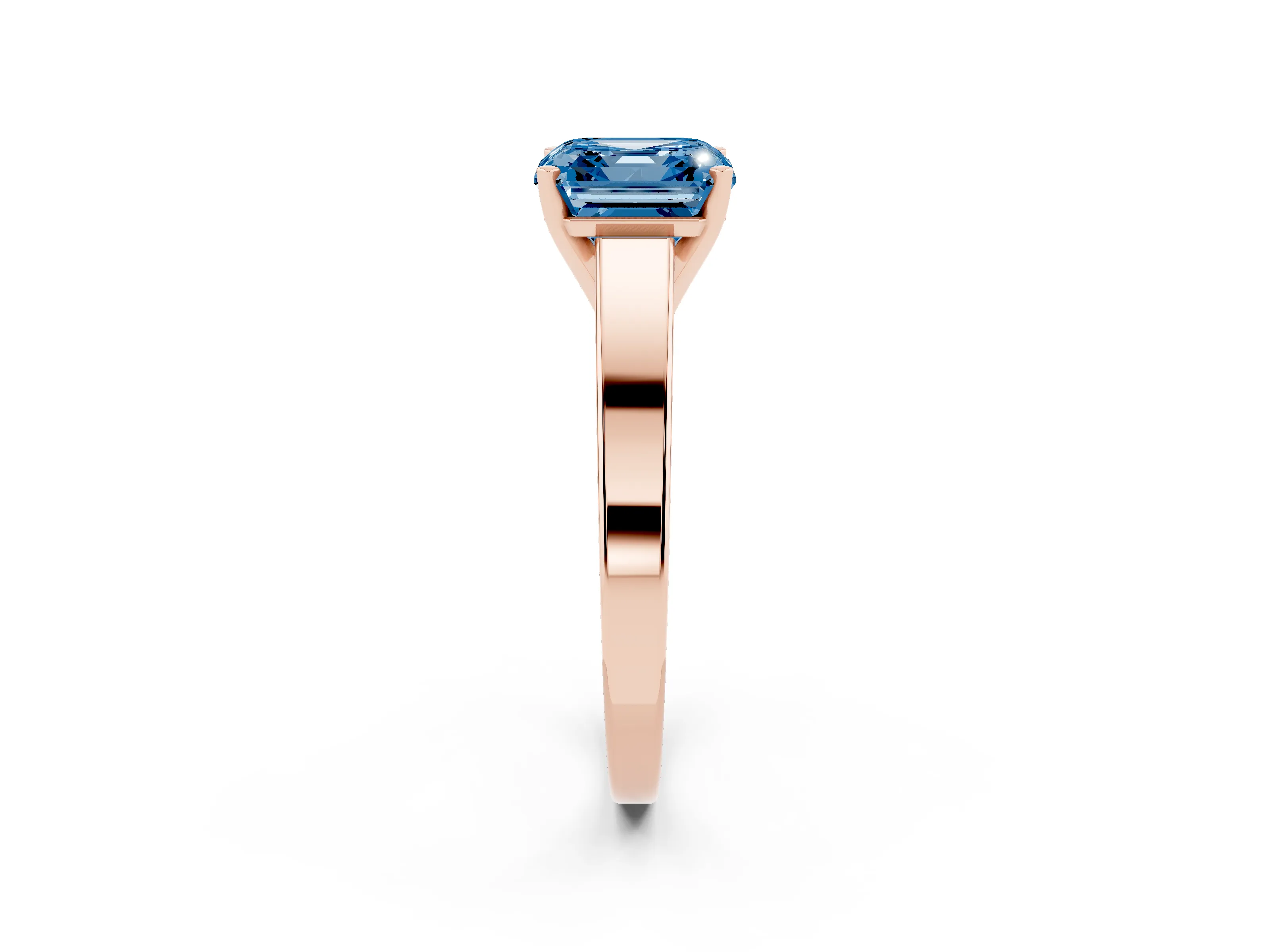 Fancy Blue Asscher Cut Diamond Solitaire Engagement Ring Set in Rose gold with Prong Setting and Tapered Band