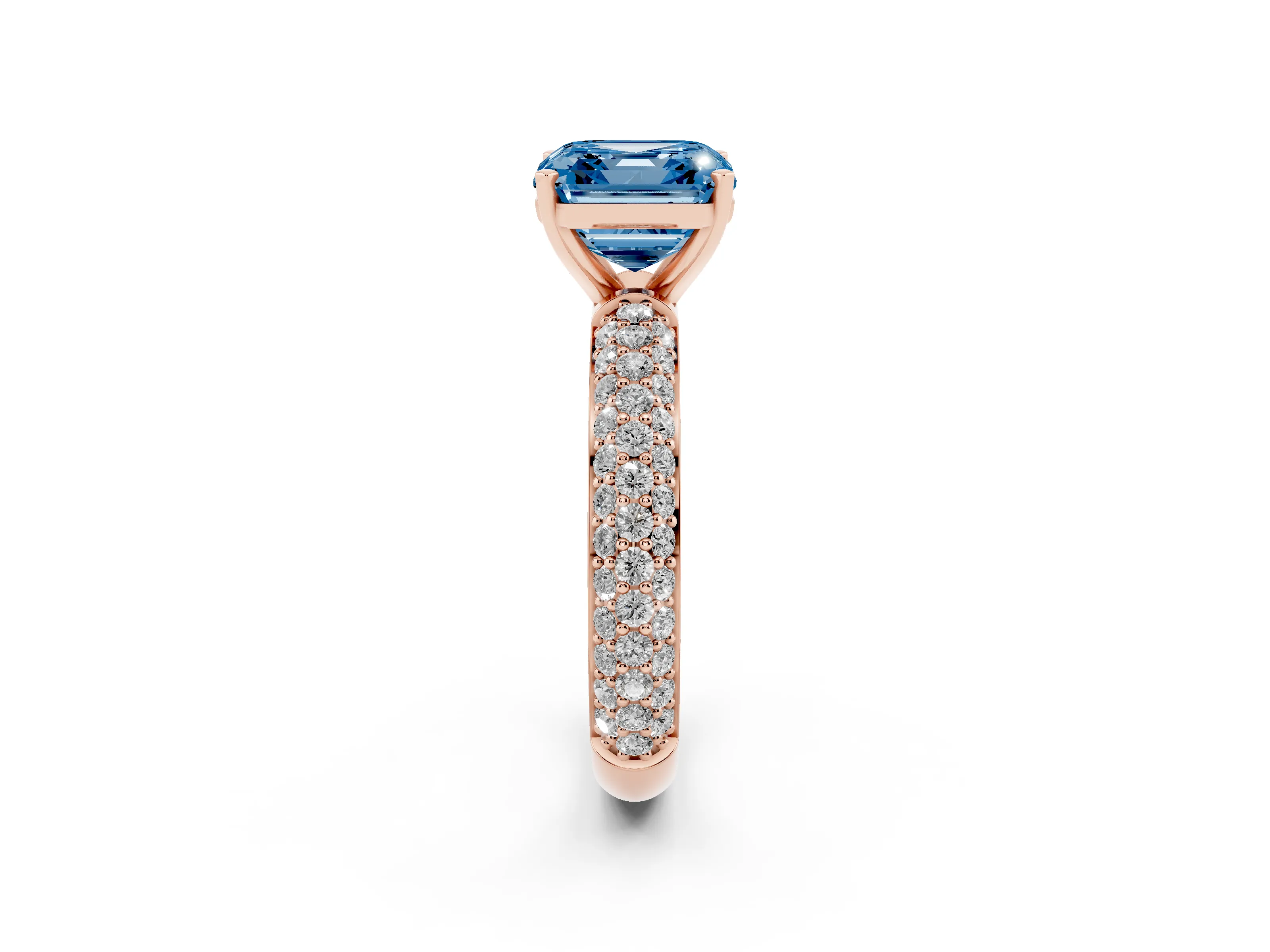 Fancy Blue Asscher Cut Diamond Solitaire Ring Set in Rose gold with Prong Setting and Pavé-Set Band