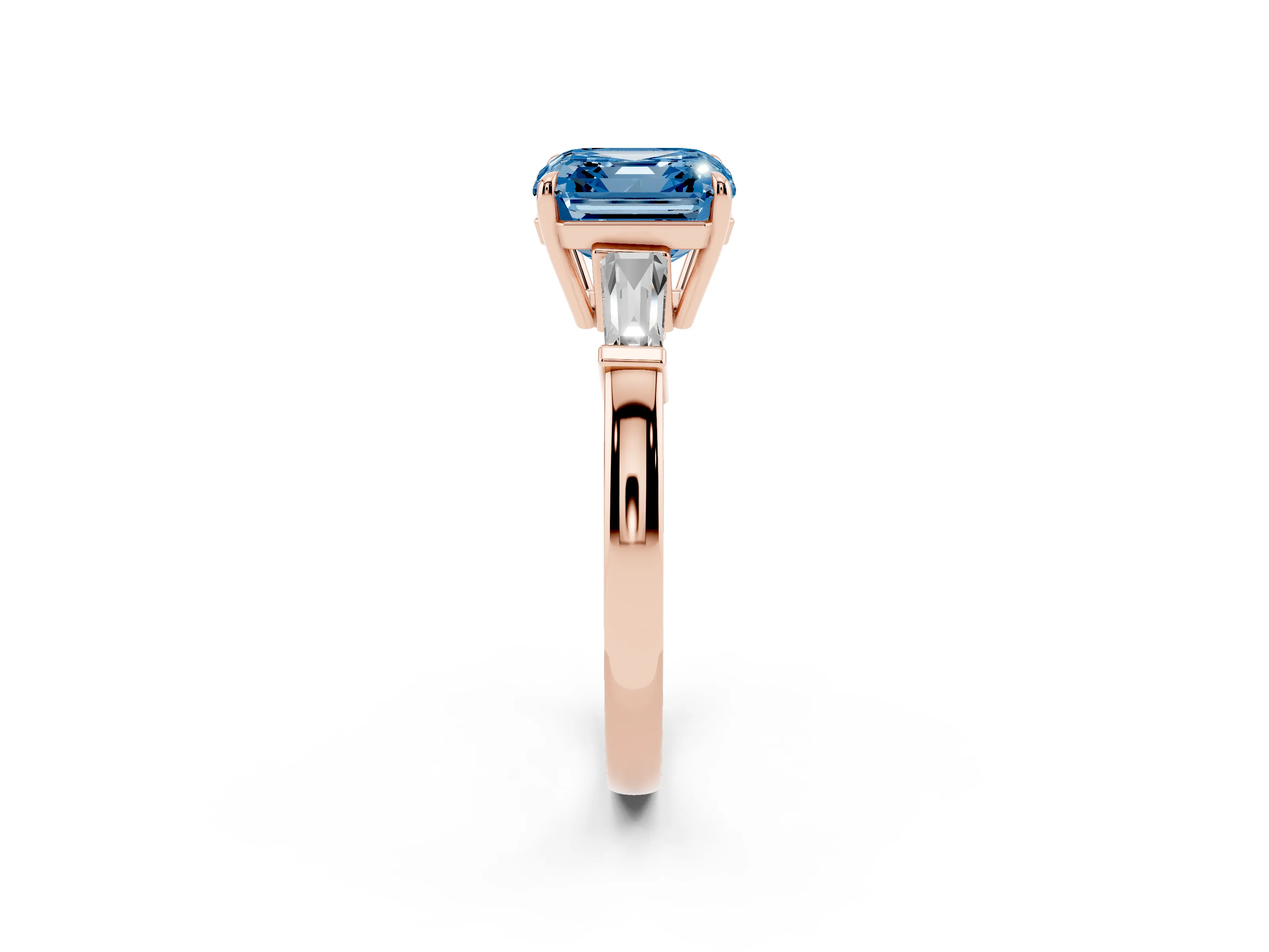 Fancy Blue Asscher Cut Diamond Three-Stone Ring Set in Rose gold with Tapered Baguette Side Stones and Prong Setting