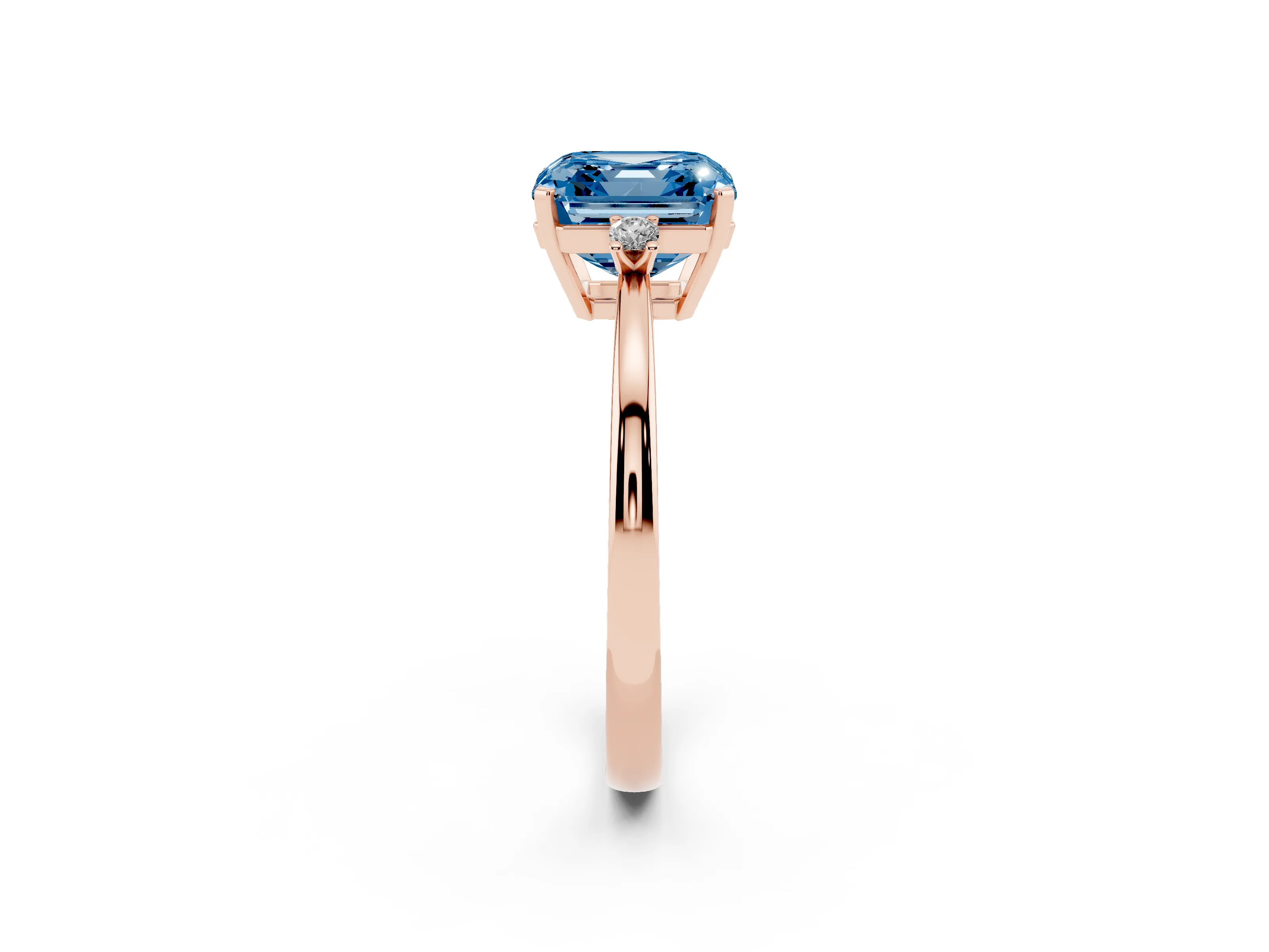 Fancy Blue Three-Stone Asscher Cut Diamond Solitaire Ring Set in Rose gold with Round Accent Stones and Prong Setting