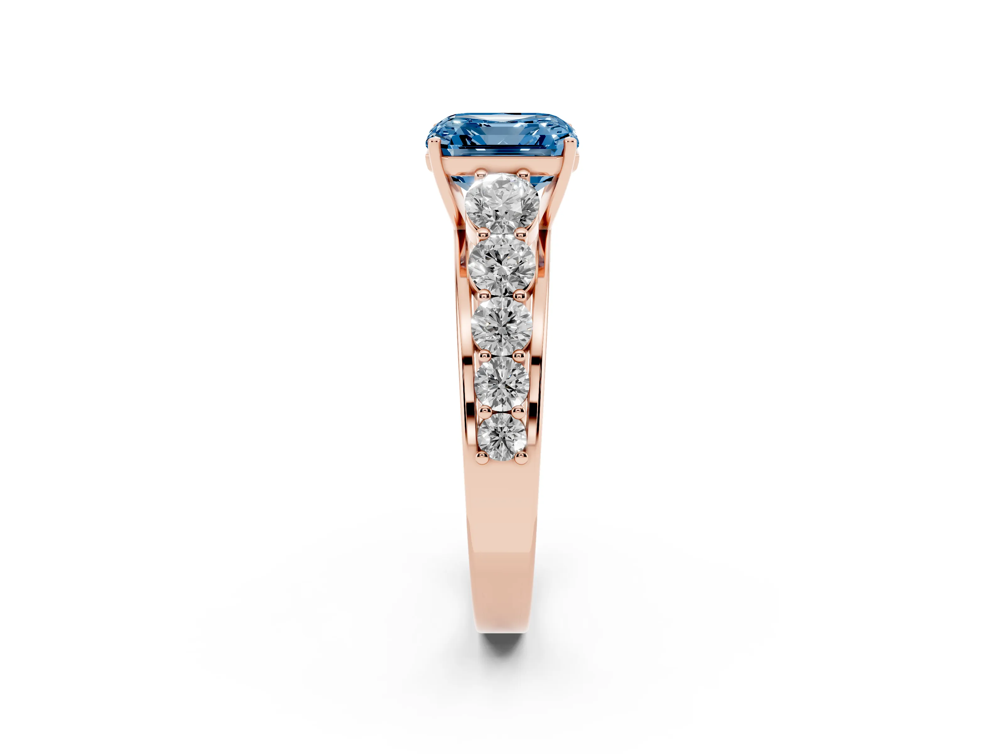 Fancy Blue Asscher Cut Diamond Solitaire Ring Set in Rose gold with Pavé-Set Band and Prong Setting