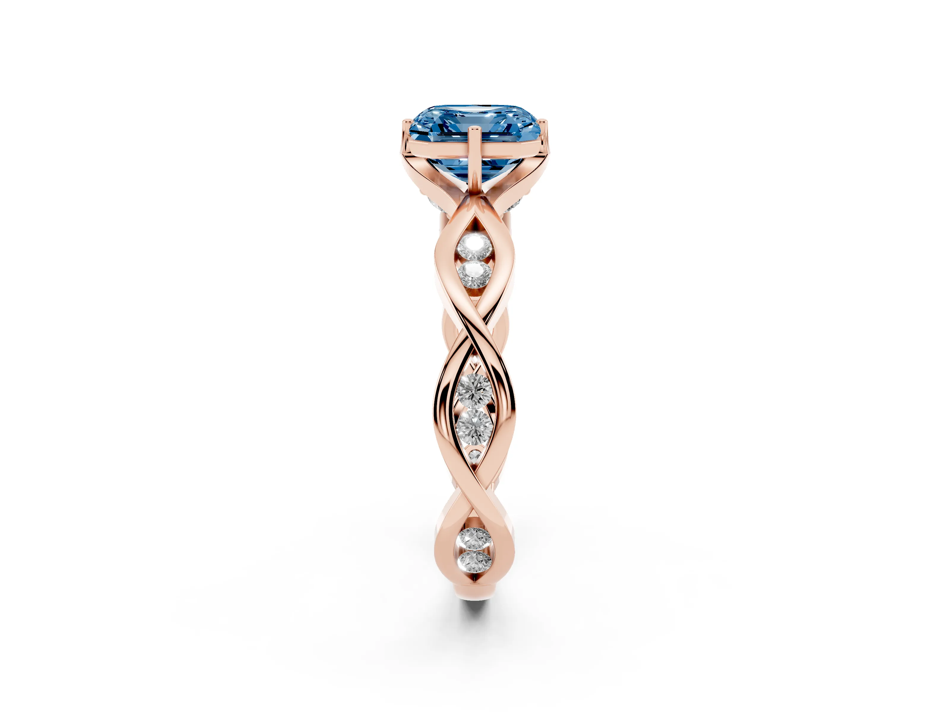 Fancy Blue Asscher Cut Diamond Twist Band Solitaire Ring Set in Rose gold with Leaf Prong Setting and Accent Stones