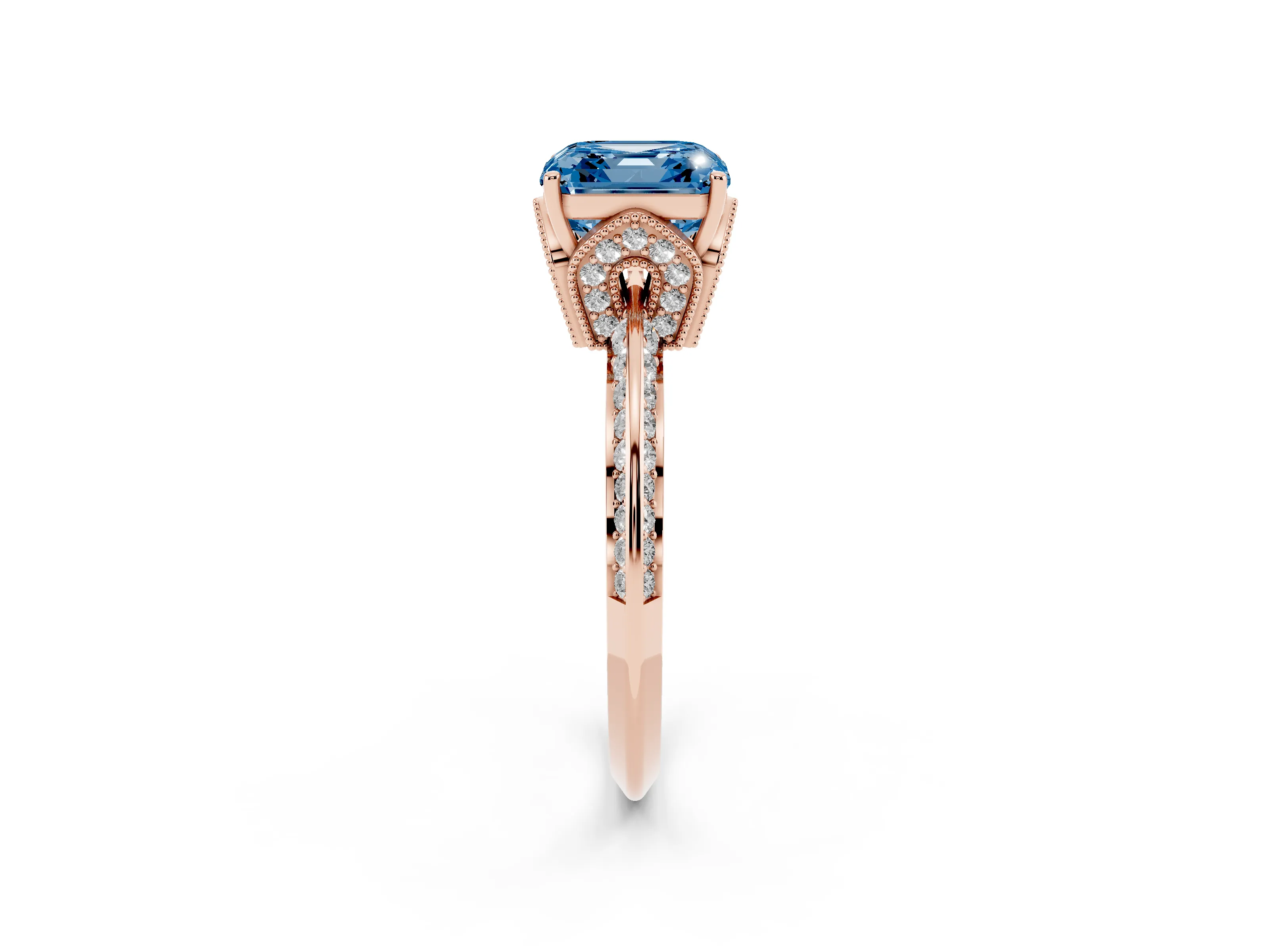 Fancy Blue Asscher Cut Diamond Solitaire Engagement Ring Set in Rose gold with Pavé Split Shank and Prong Setting