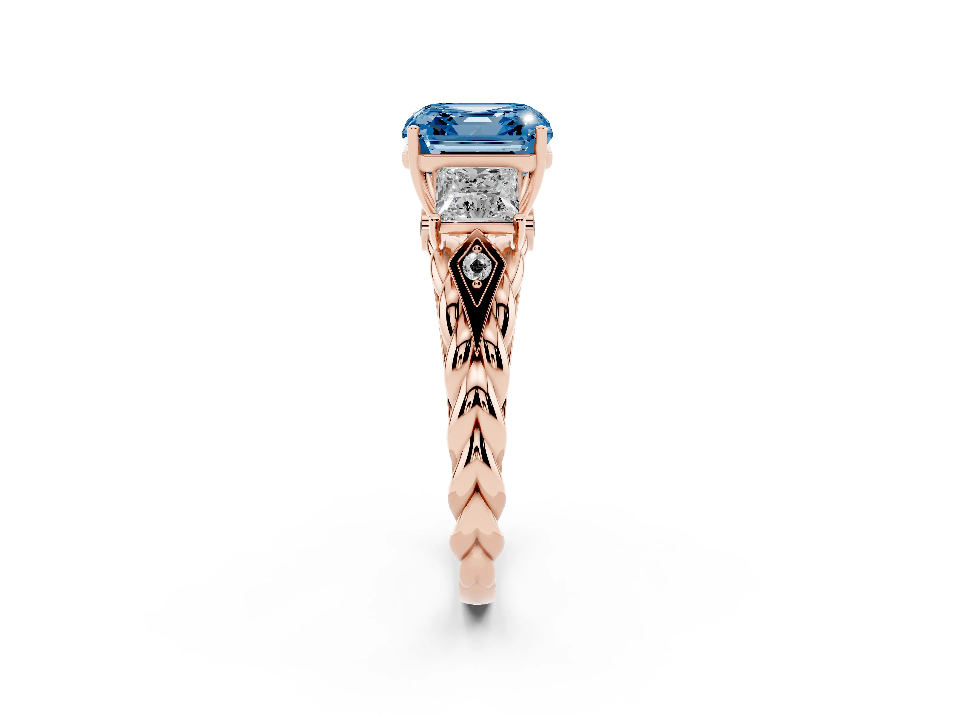 Fancy Blue Asscher Cut Diamond Three-Stone Ring Set in Rose gold with Braided Band