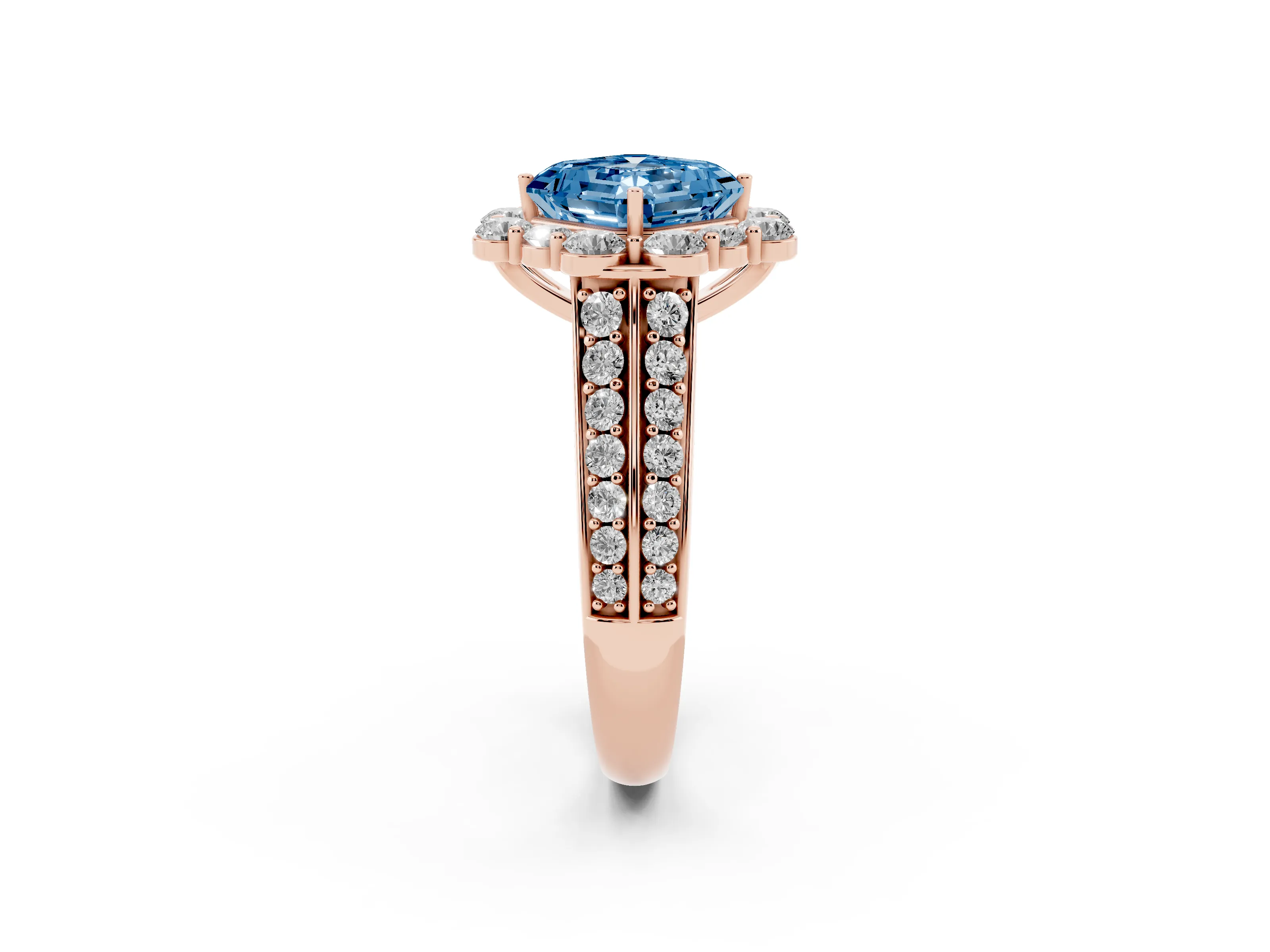 Fancy Blue Asscher Cut Diamond Halo Engagement Ring Set in Rose gold with Split Shank and Prong Setting
