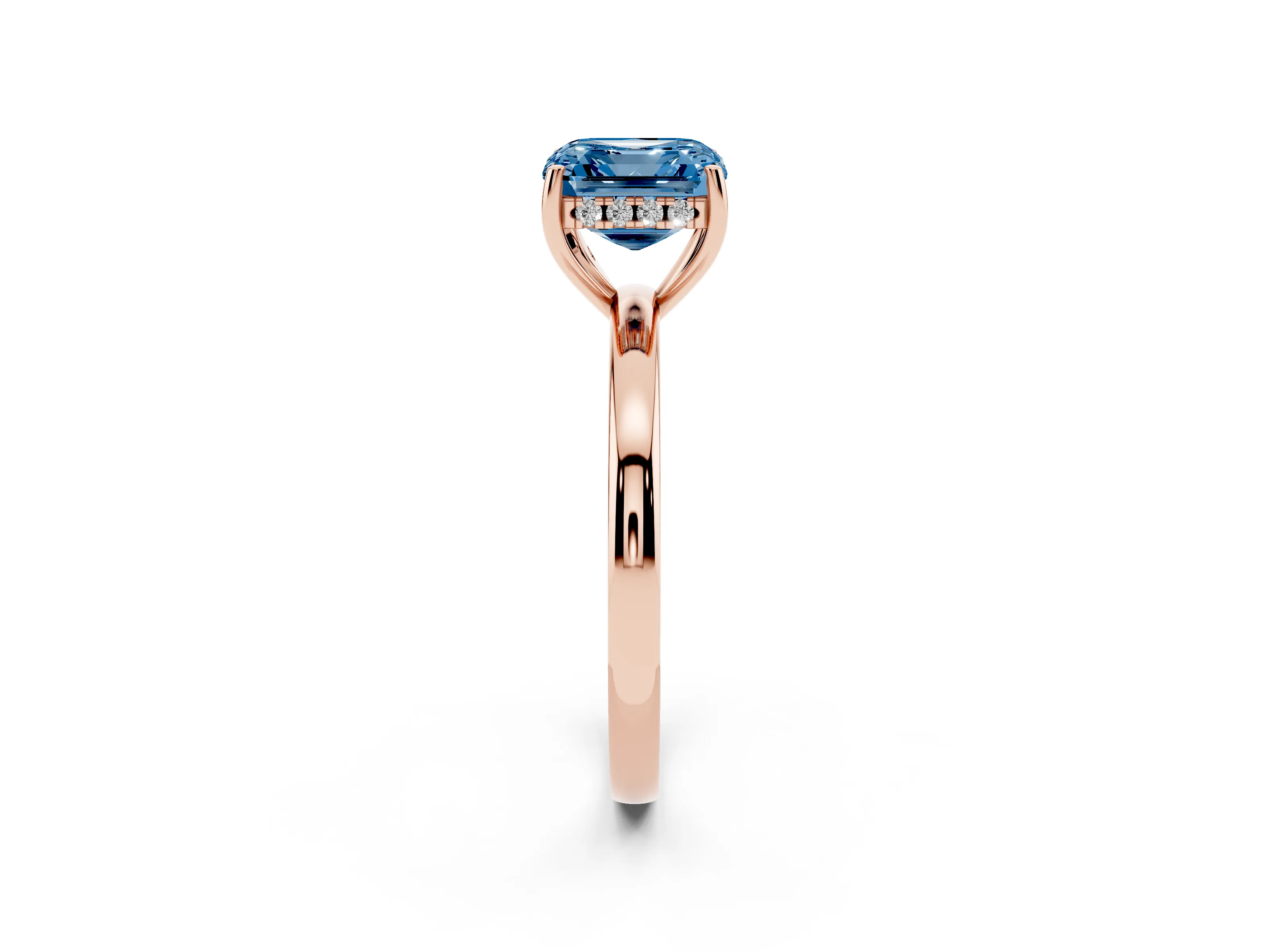 Fancy Blue Asscher Cut Diamond Solitaire Ring Set in Rose gold with Plain Band and Prong Setting