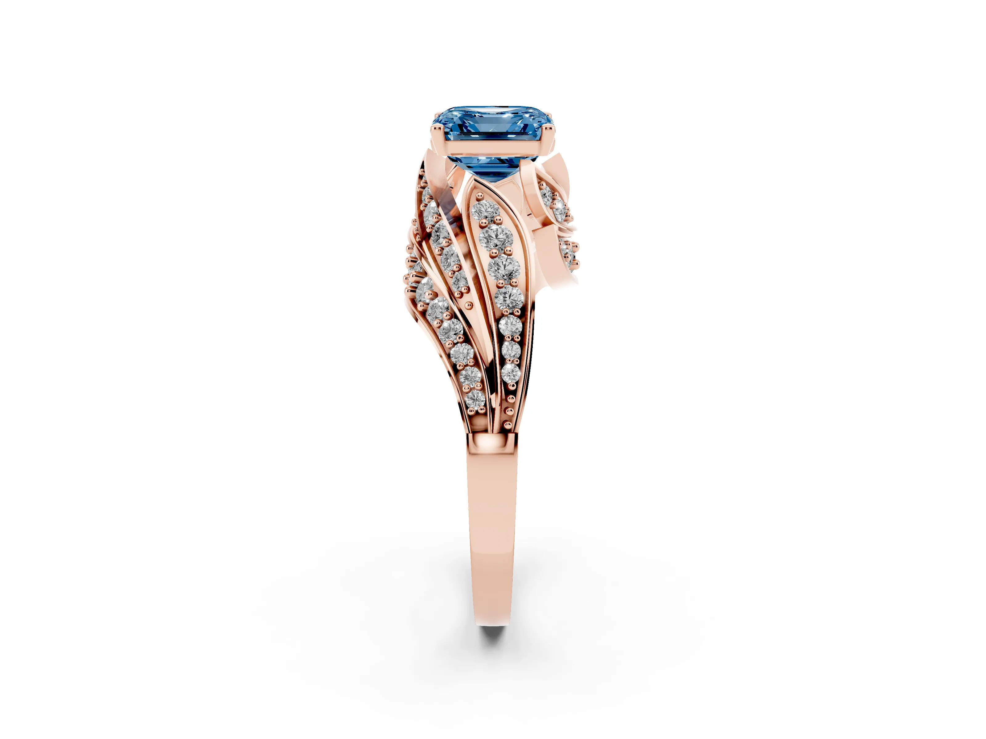 Fancy Blue Asscher Cut Diamond Solitaire Ring Set in Rose gold with Layered Twist Pavé Band