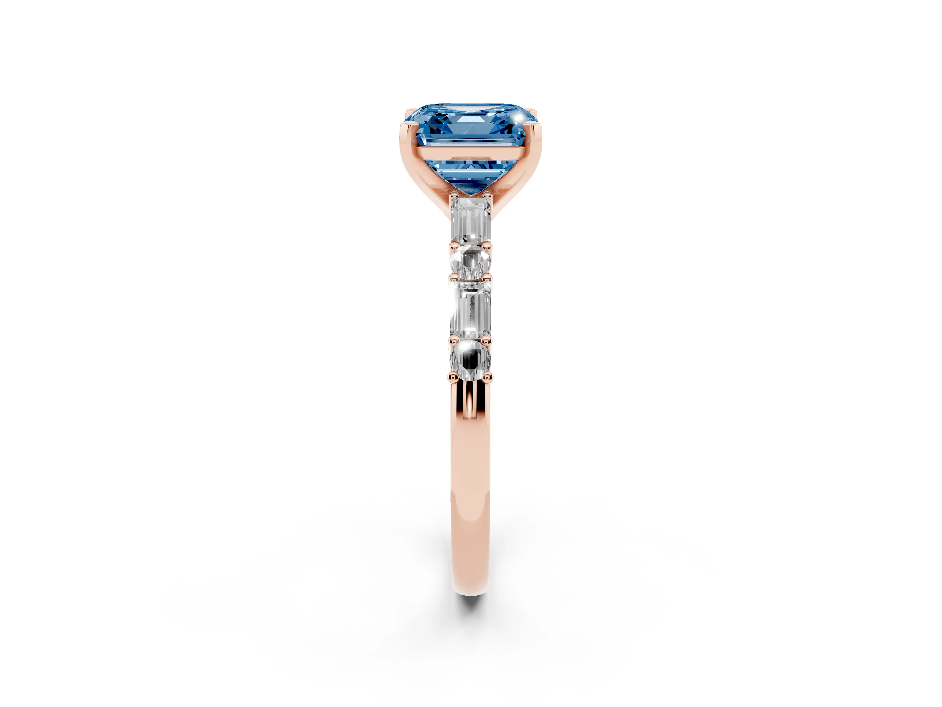 Fancy Blue Asscher Cut Diamond Solitaire Set in Rose gold with Side Baguettes and Channel Set Band