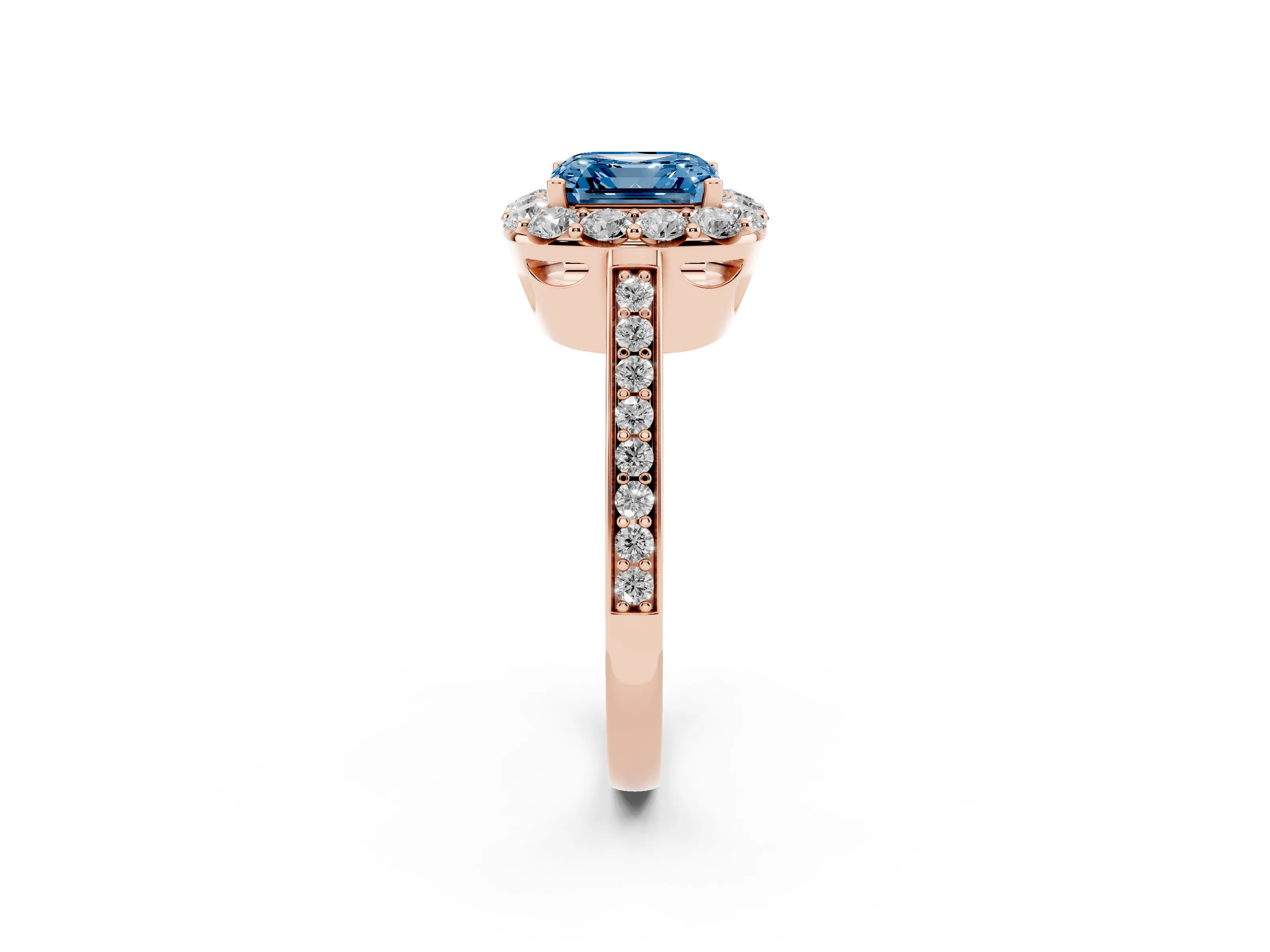 Fancy Blue Asscher Cut Diamond Floral Halo Ring Set in Rose gold with Pavé Band and Prong Setting