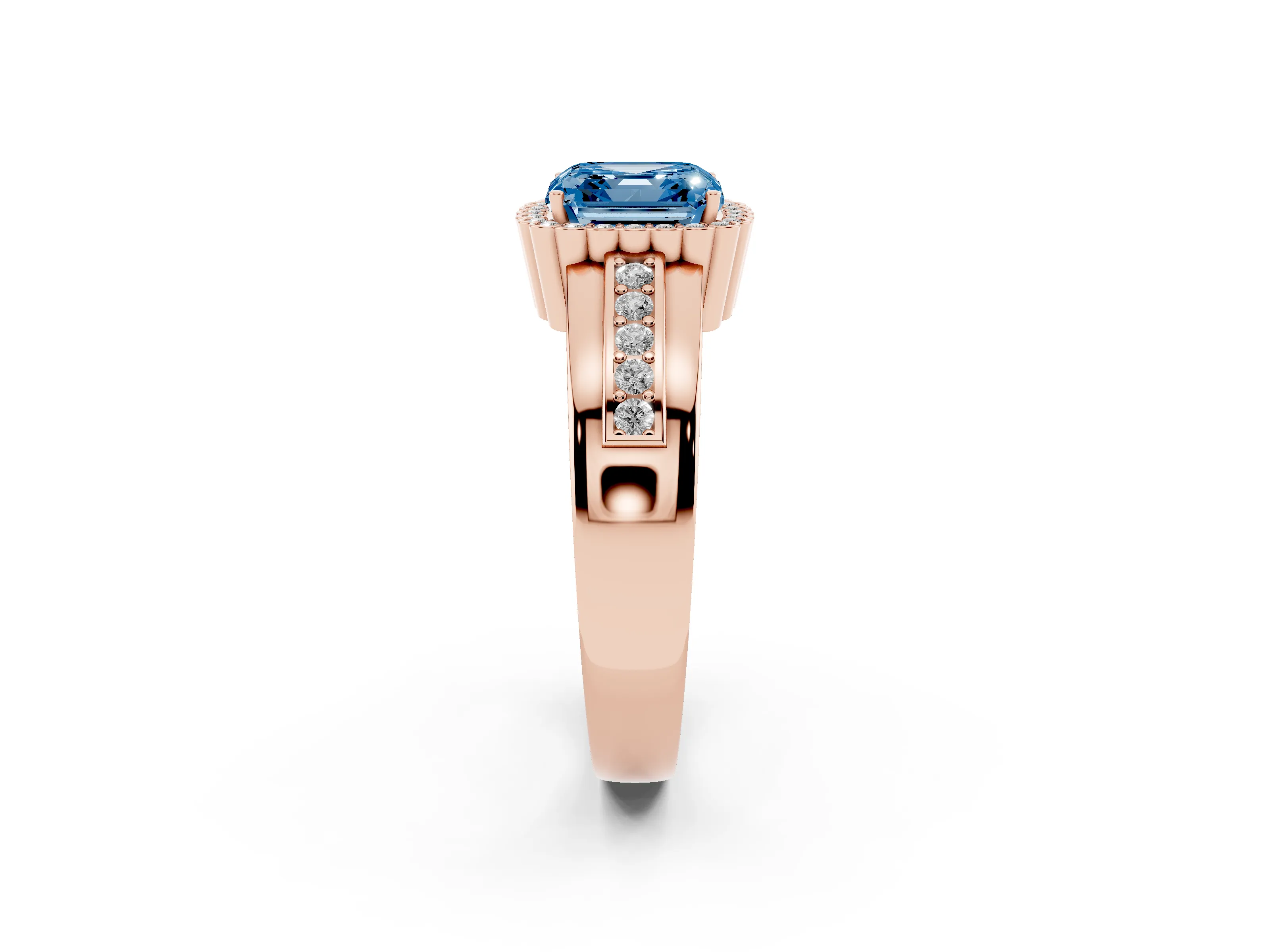 Fancy Blue Asscher Cut Diamond Halo Prong Ring Set in Rose gold with Pavé Band