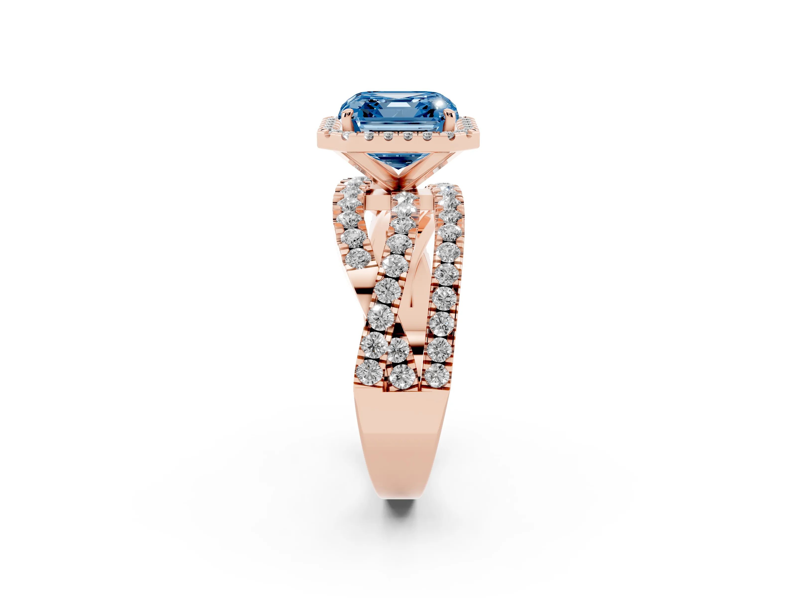 Fancy Blue Asscher Cut Diamond Halo Ring Set in Rose gold with Round Crossover Split Shank and Prong Setting