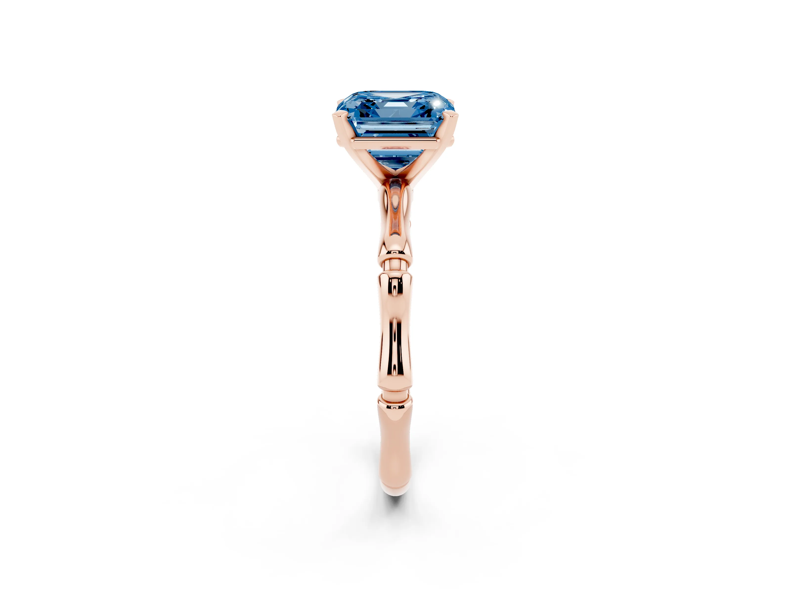 Fancy Blue Asscher Cut Diamond Solitaire Ring Set in Rose gold with Bamboo Band and Prong Setting