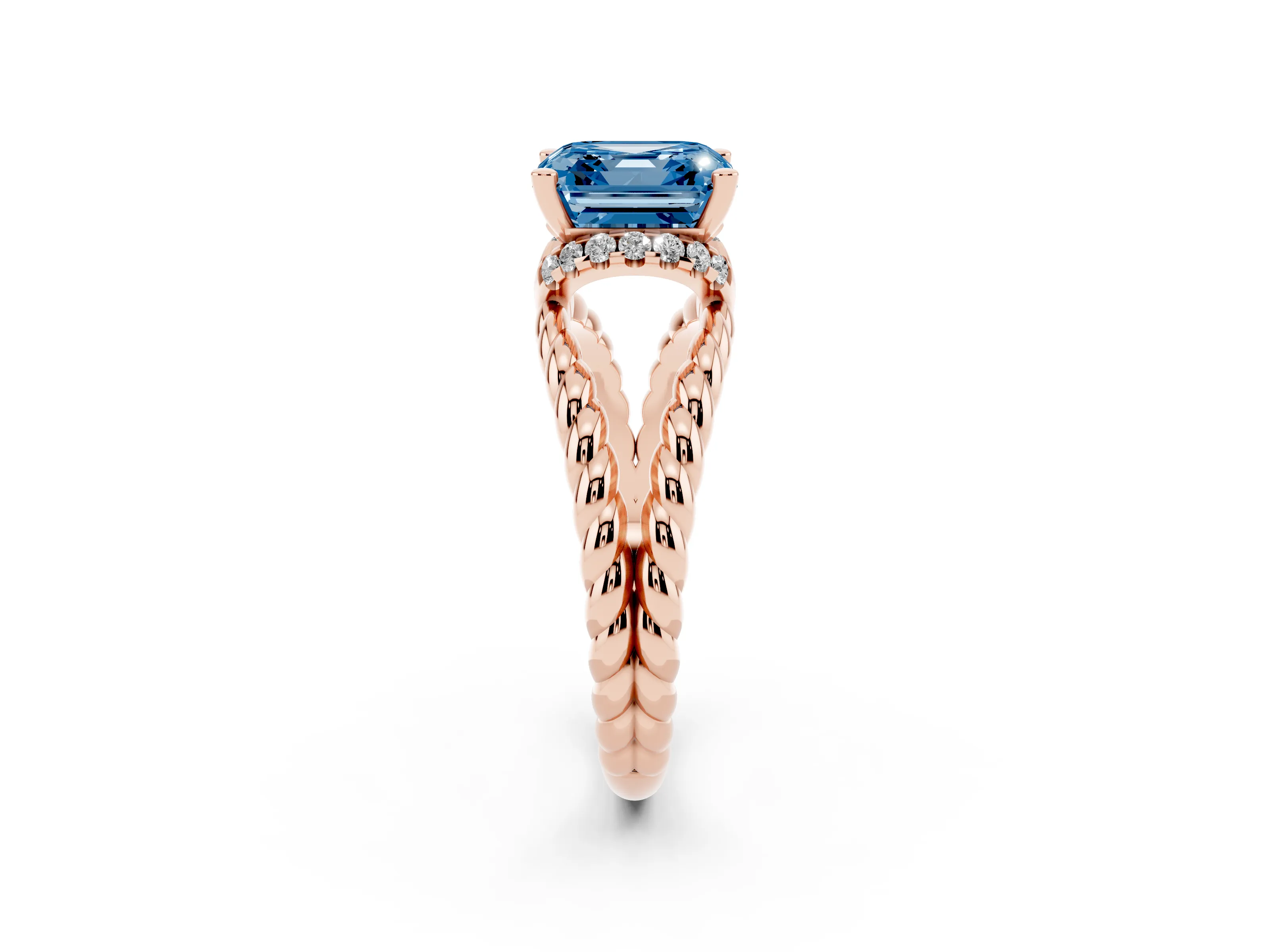 Fancy Blue Asscher Cut Diamond Halo Ring Set in Rose gold with Twisted Band and Prong Setting